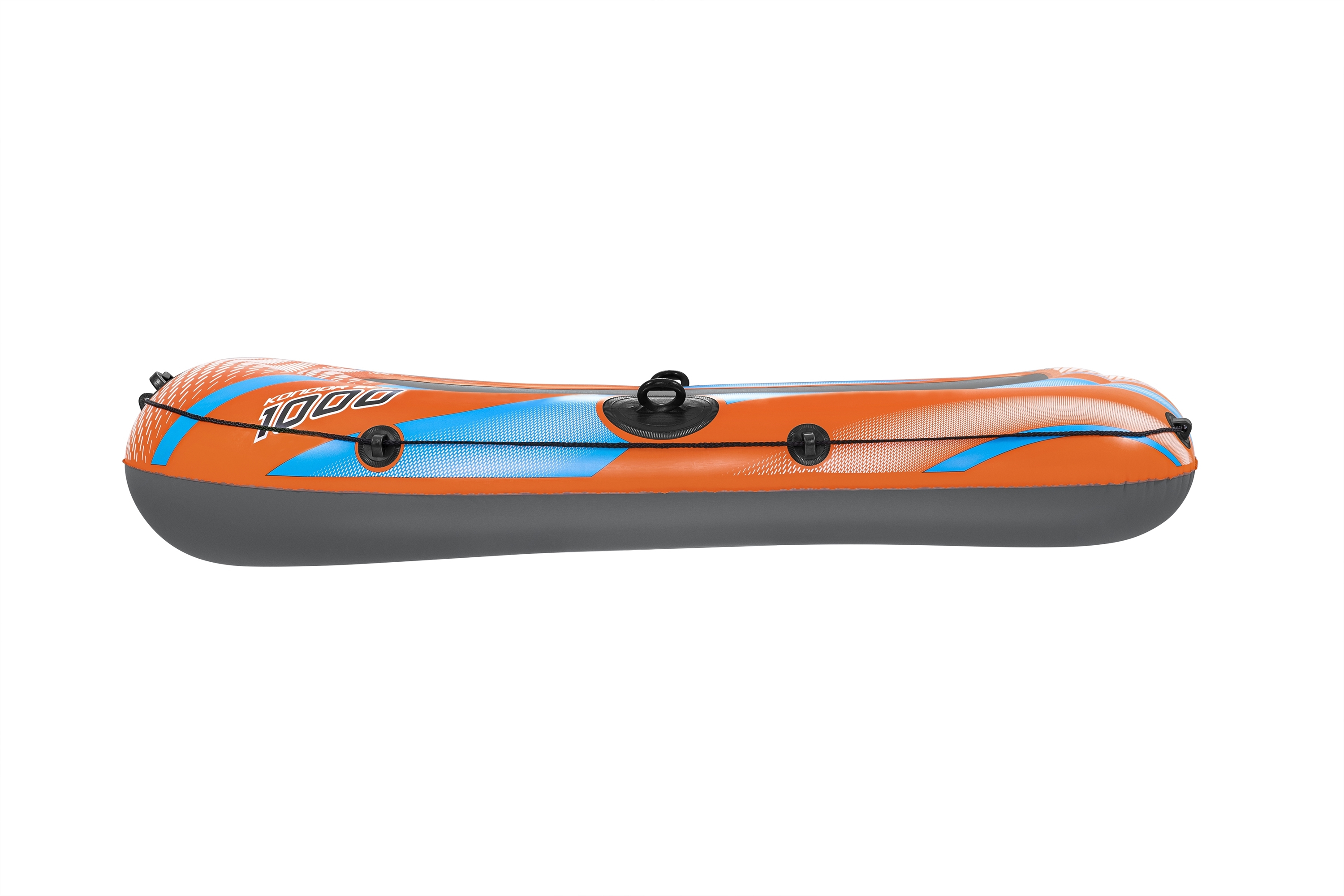 Orange und graues Schlauchboot mit blauen Akzenten vor weißem Hintergrund.