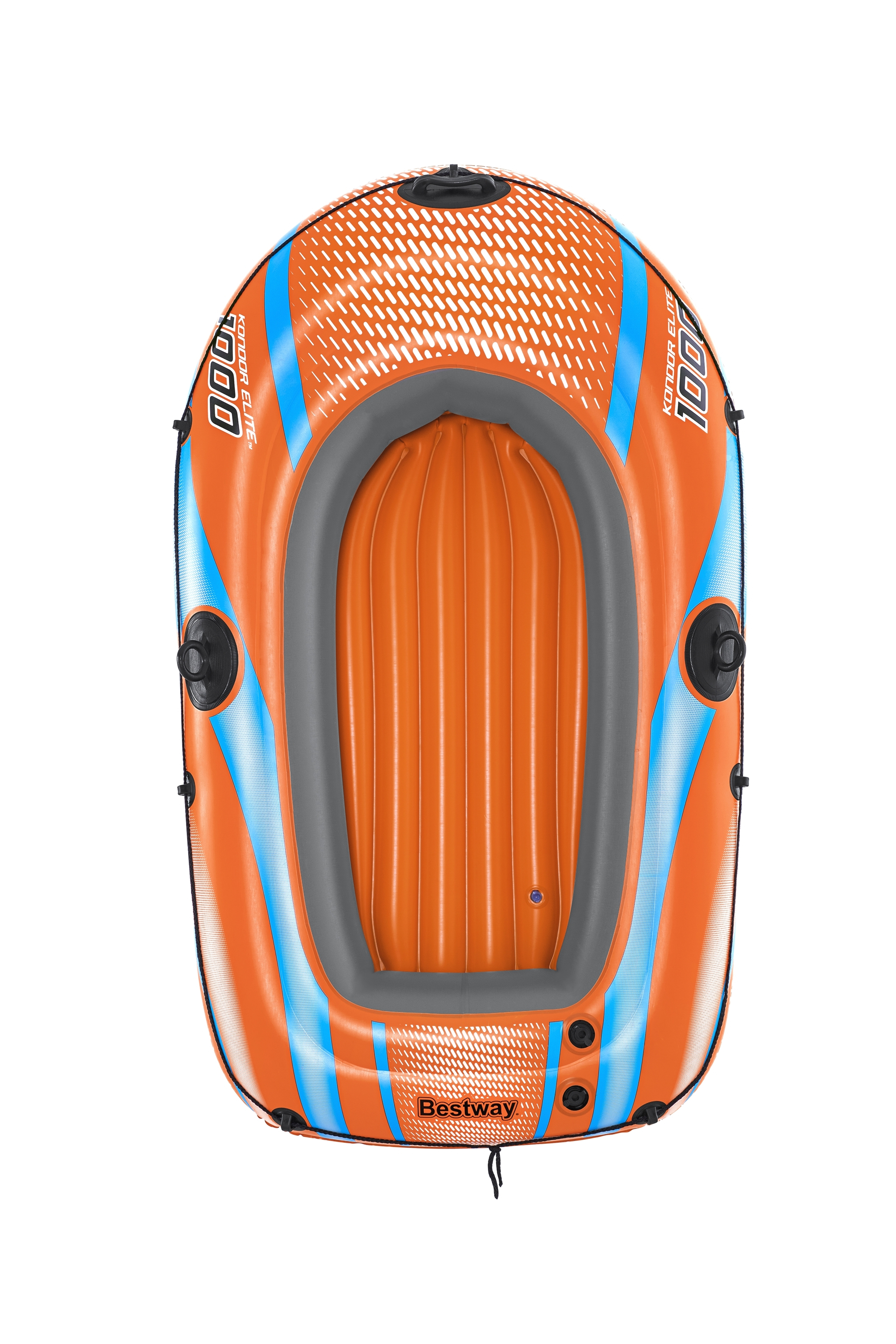 Oranges Schlauchboot mit blauen Streifen und grauem Innenraum, von oben auf weißem Grund gesehen.