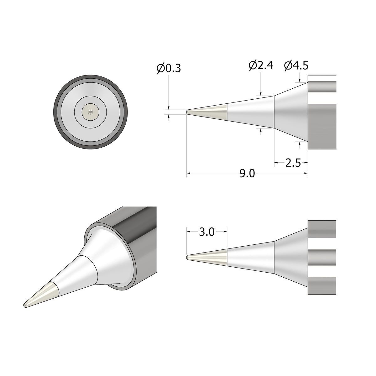Diagramm einer Lötkolbenspitze mit Abmessungen.