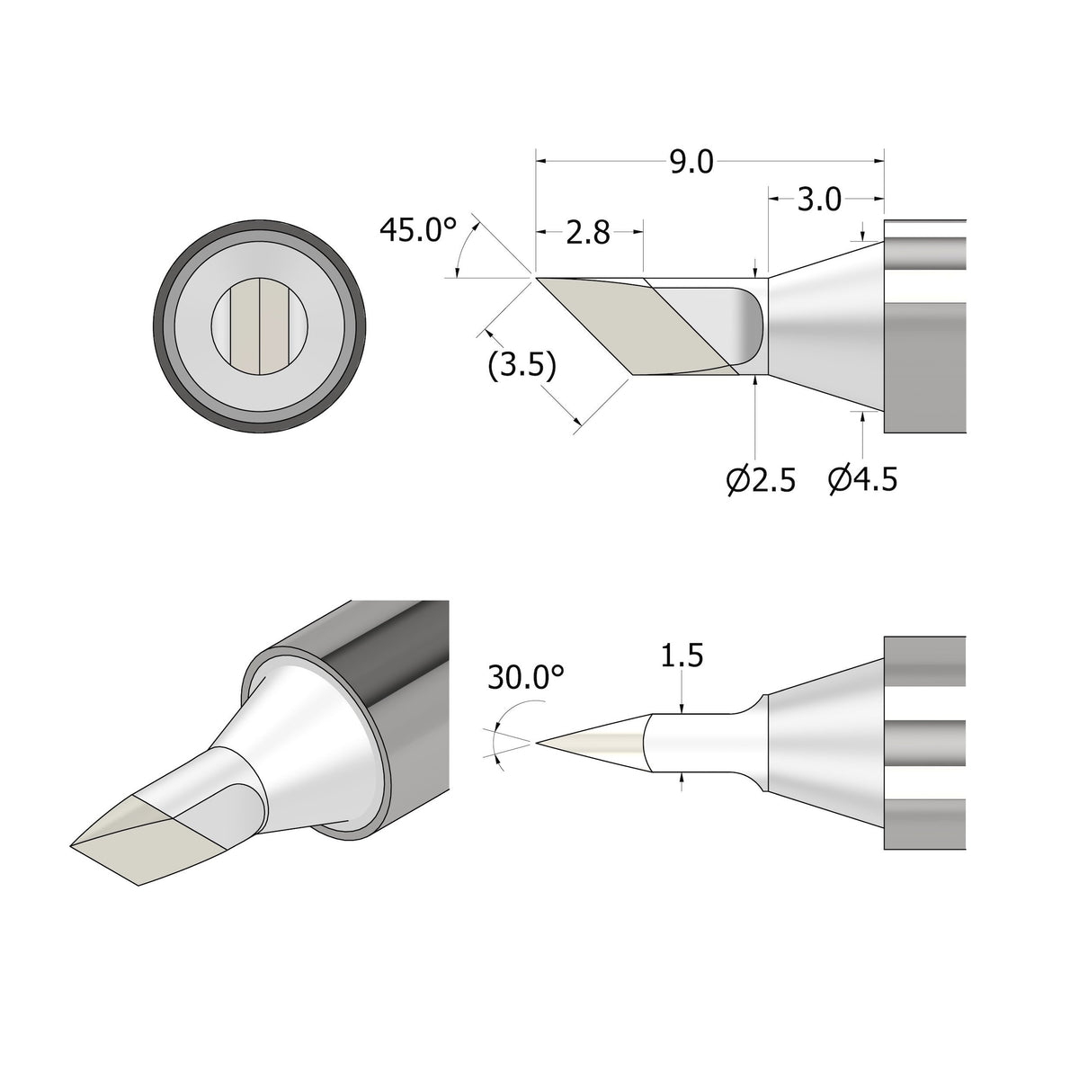Diagramm einer Lötkolbenspitze mit Maßen und Winkeln.