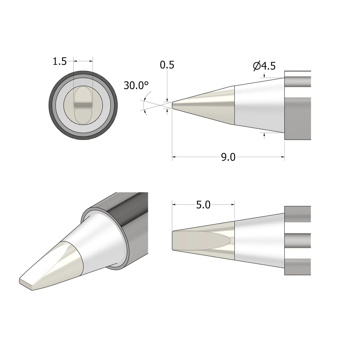 Technische Diagramme einer Lötkolbenspitze mit Maßen, weißer Hintergrund.