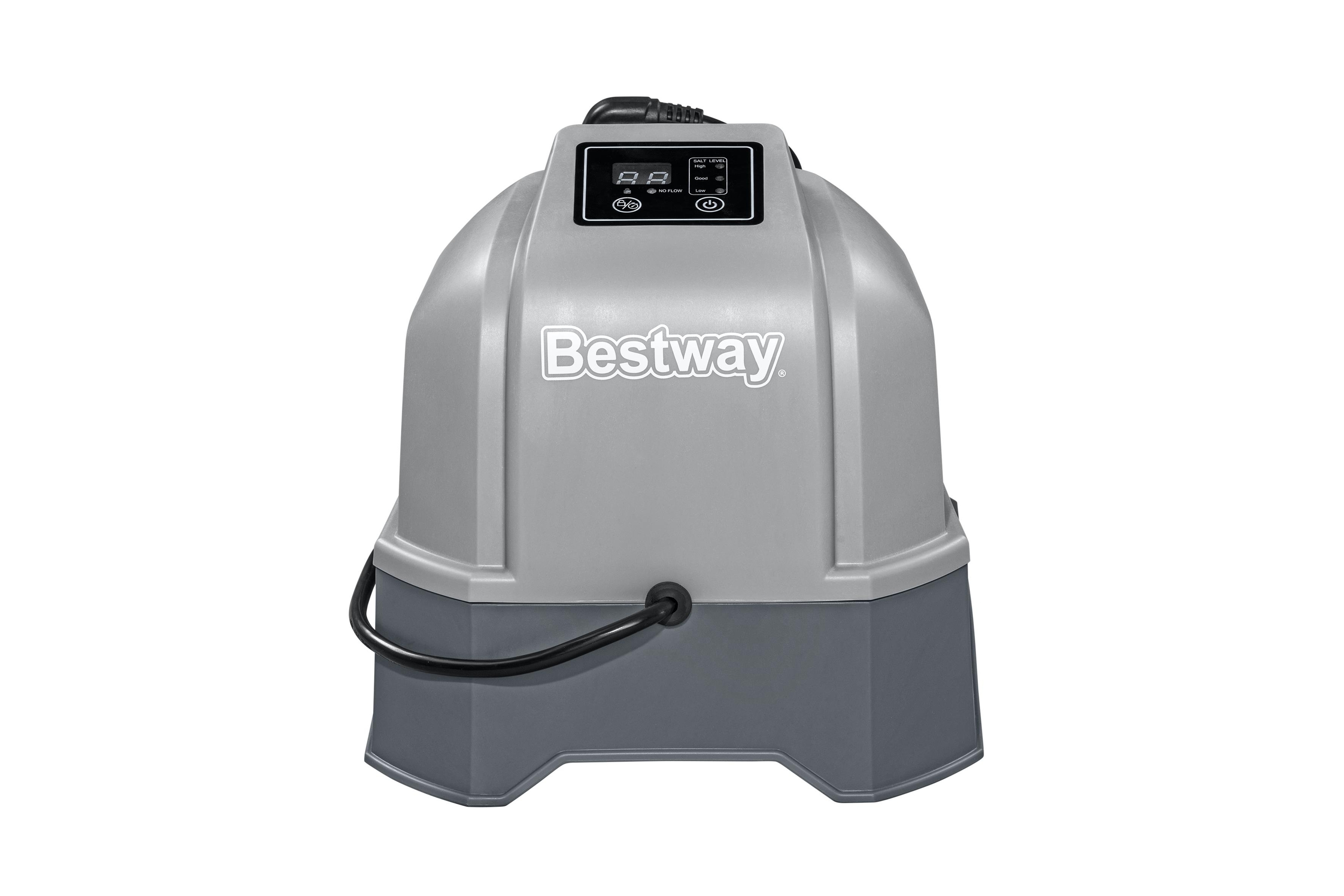 Graue Bestway Poolfilterpumpe auf Weiß, mit Digitalanzeige und Netzkabel.