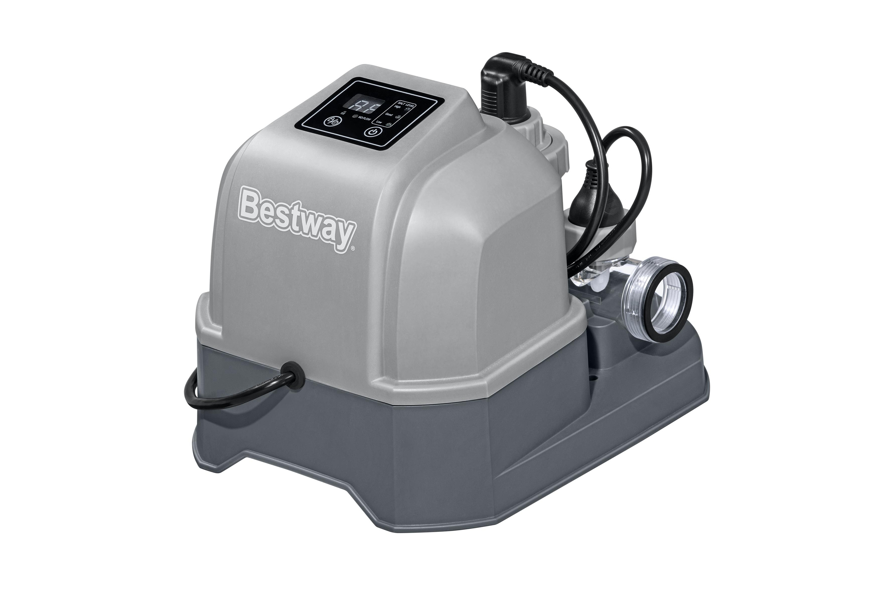 Graue Bestway Poolfilterpumpe, mit Digitalanzeige, Schläuchen, auf Weiß.