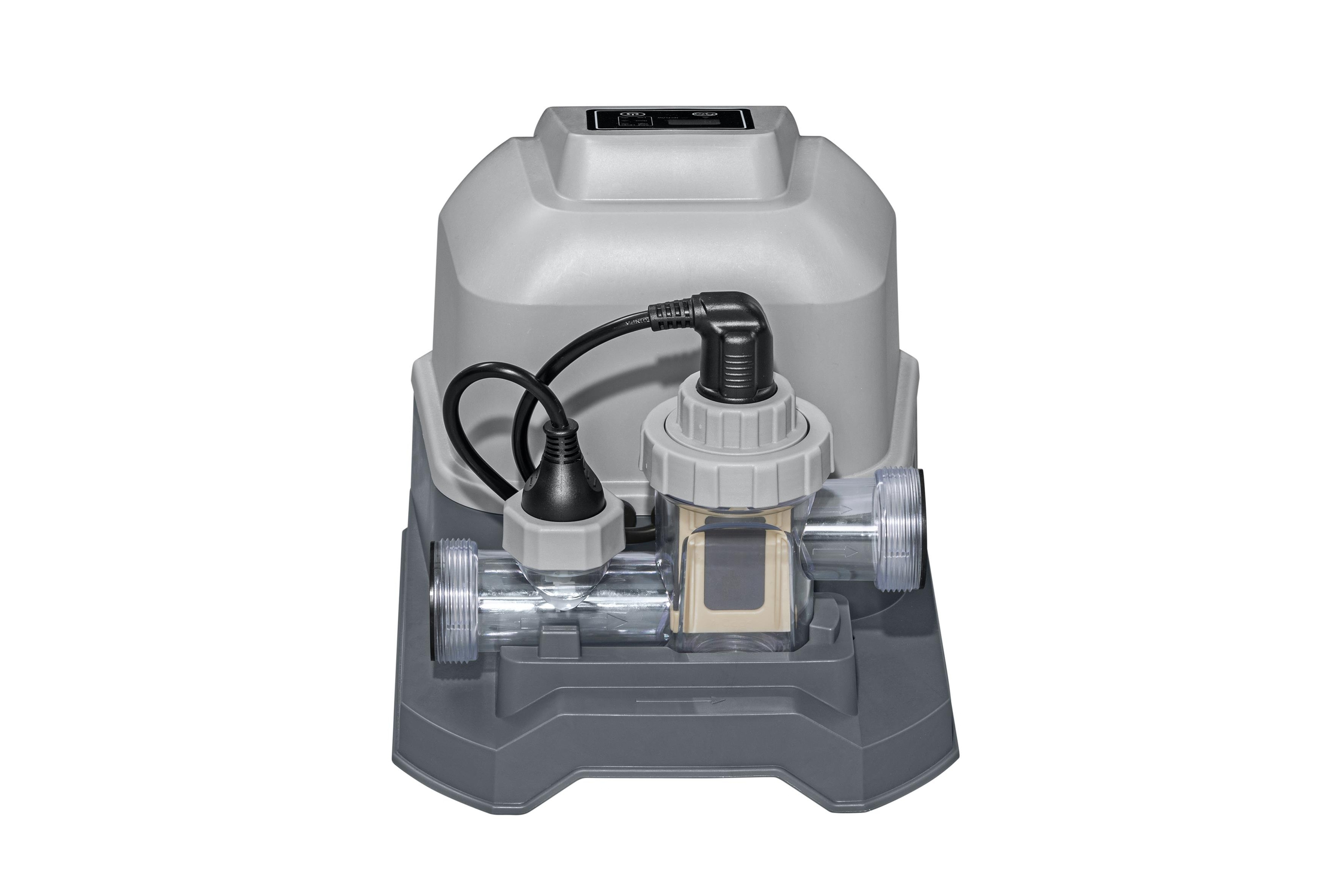 Bestway Poolfiltersystem auf Weiß, mit durchsichtigem Filtergehäuse und Schläuchen.