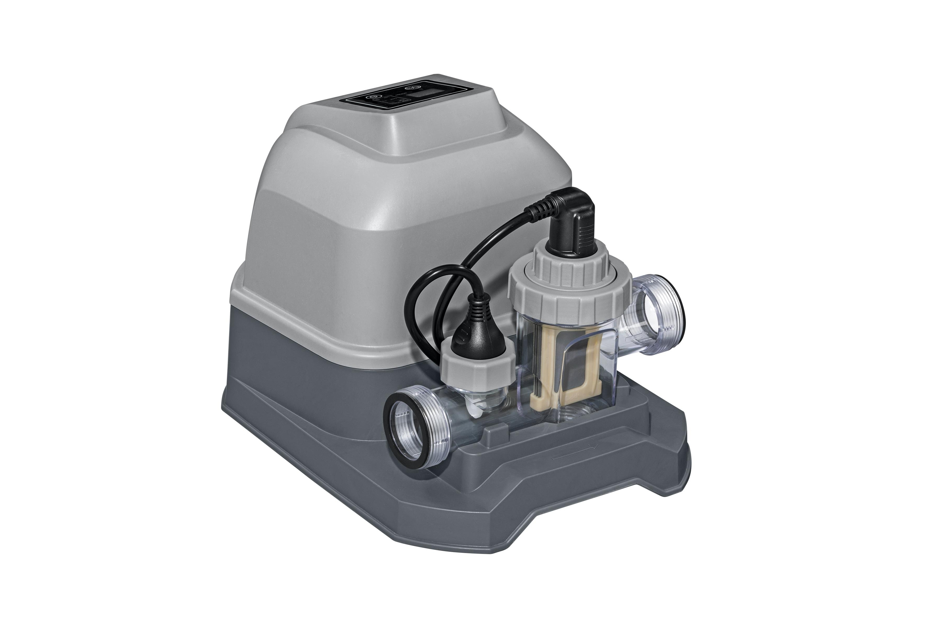 Bestway Poolfiltersystem auf Weiß, mit durchsichtigem Filtergehäuse und Schläuchen.