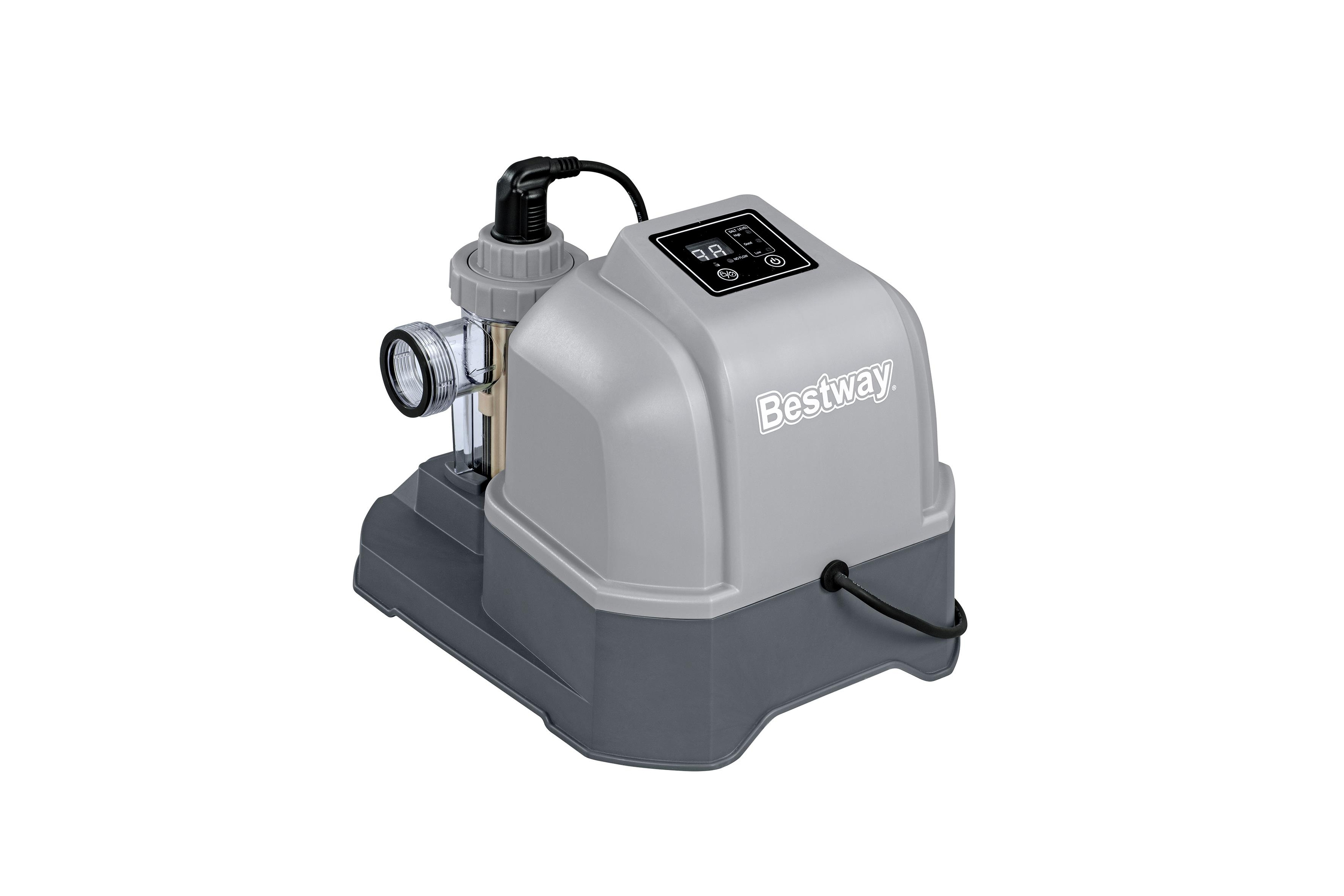 Graues Poolfiltersystem mit Display, schwarzem Kabel und Bestway-Logo.
