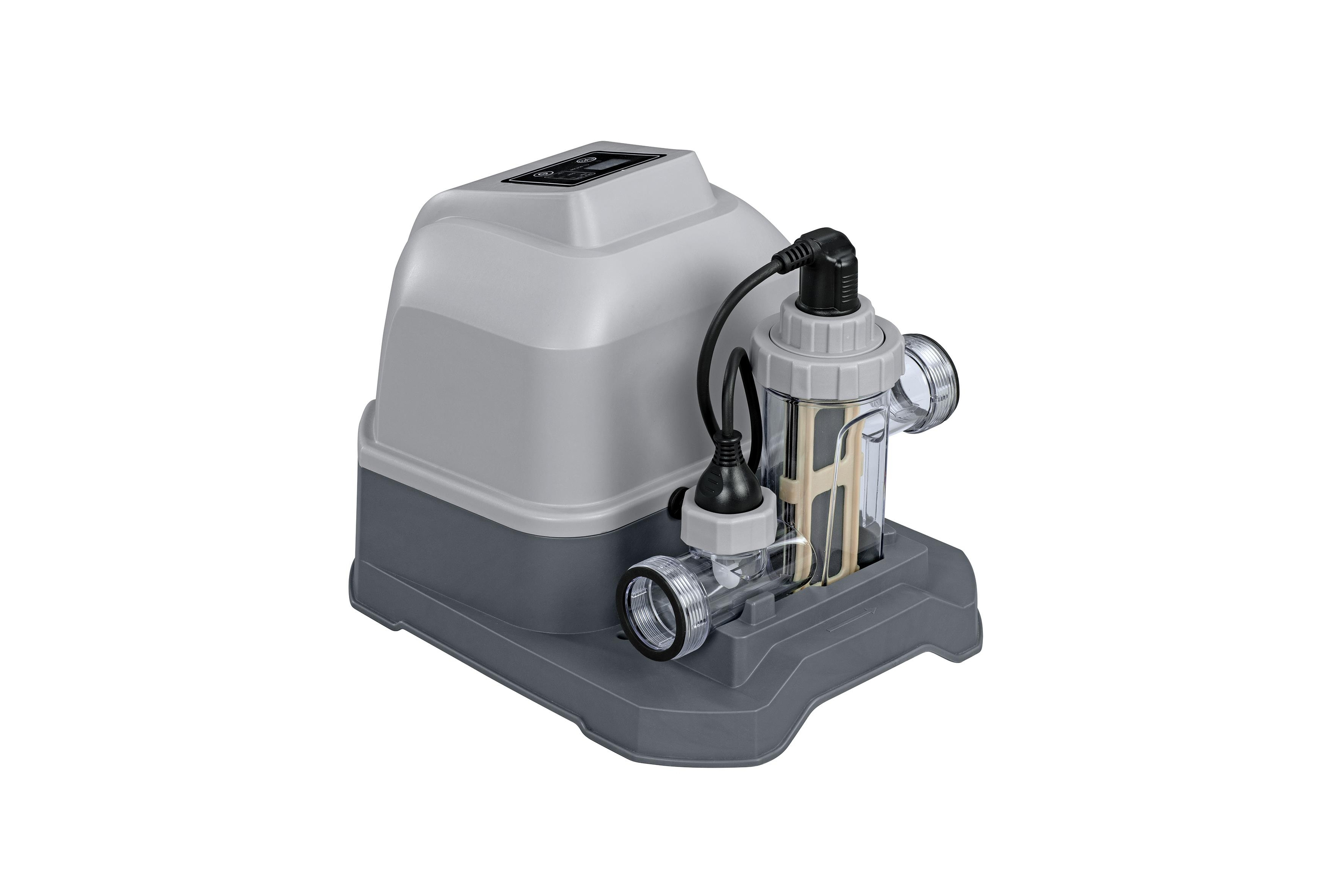 Ein grauer Pool-Chlorinator mit klarer Kammer, schwarzen Kabeln und grauem Sockel.
