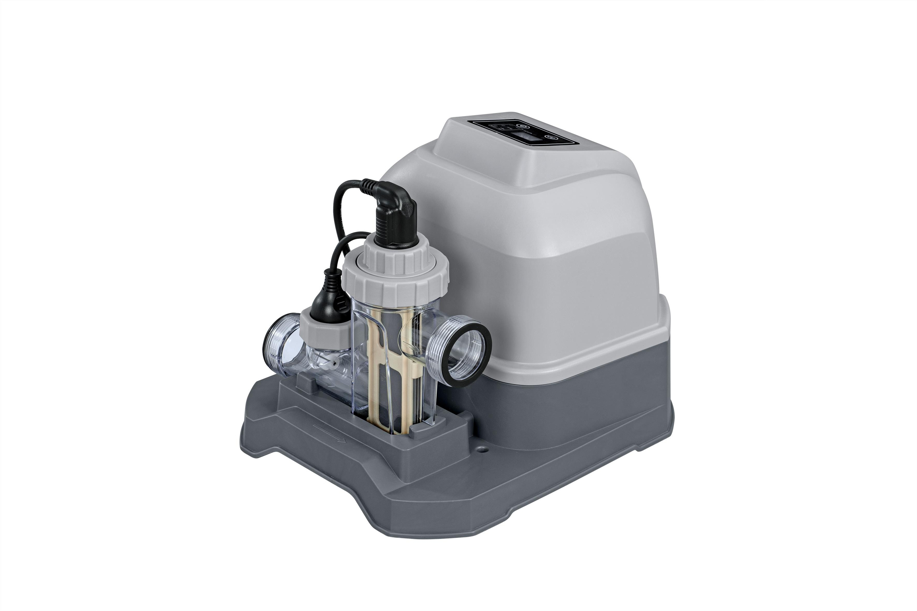 Ein grauer Pool-Chlorinator mit klarer Kammer, schwarzen Drähten und grauem Sockel.