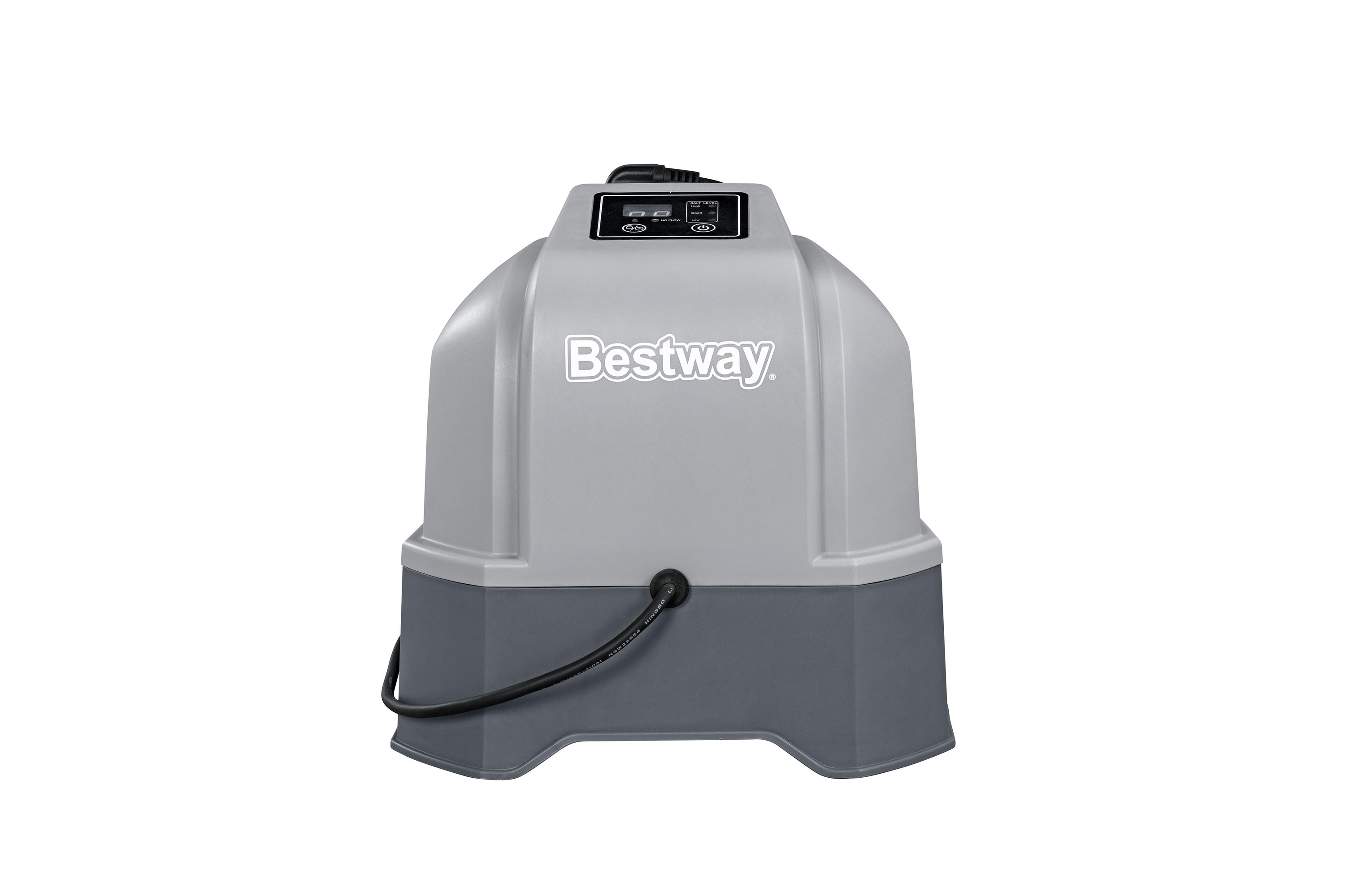 Ein grauer Pool-Chlorinator mit Bestway-Logo, schwarzem Kabel und grauem Sockel.