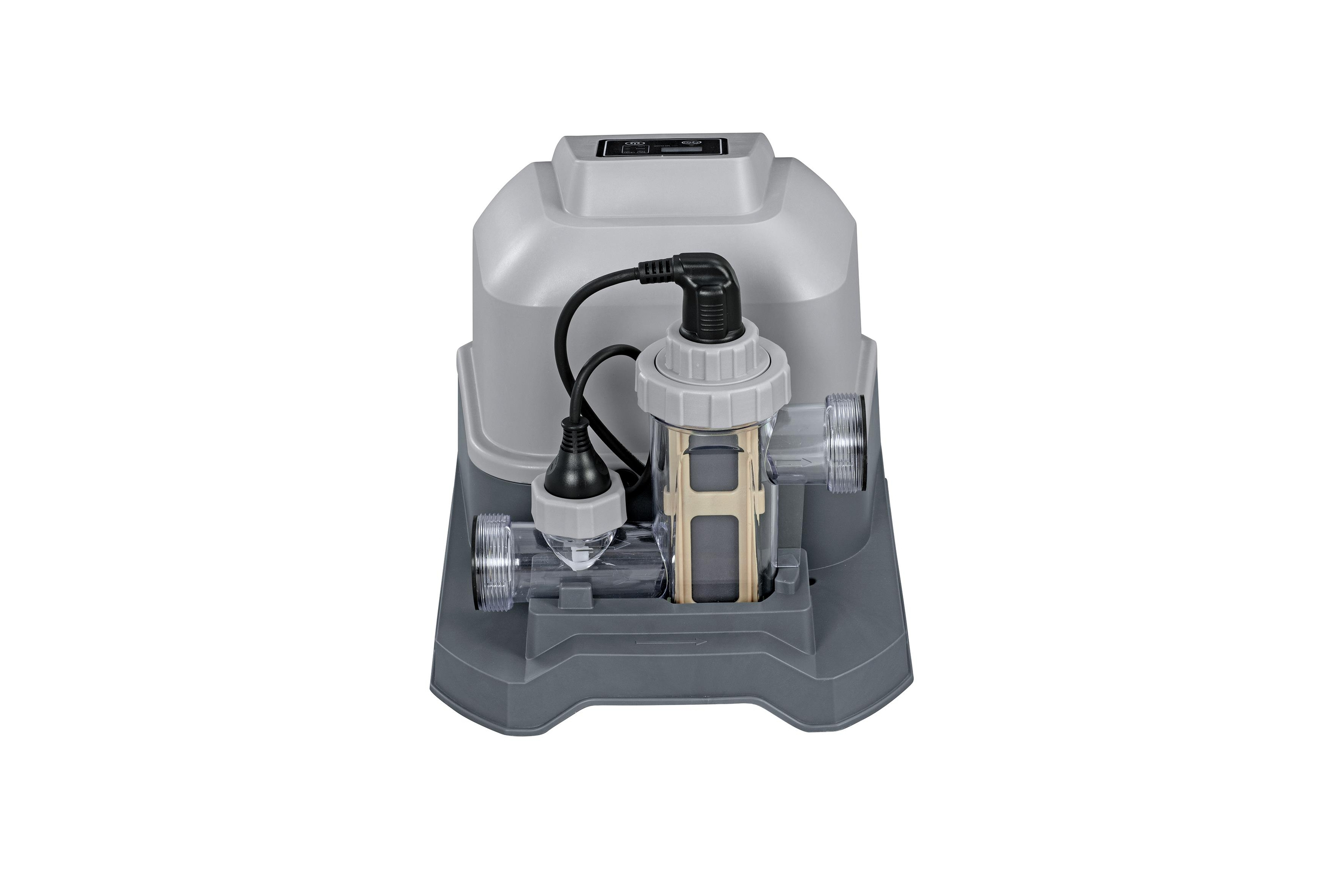 Ein grauer Pool-Chlorinator mit klarer Kammer, schwarzen Drähten und grauem Sockel.