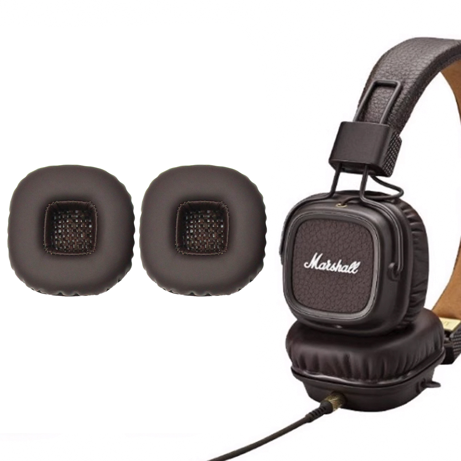 Brązowe słuchawki Marshall i dwie wymienne wkładki na białym tle.