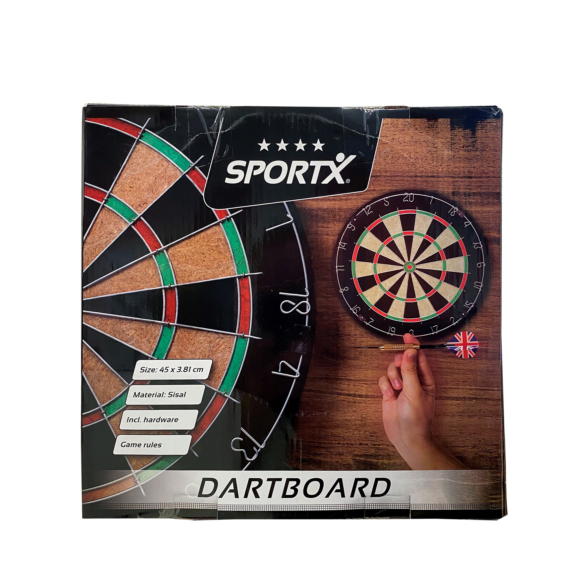 Eine Dartscheibenbox mit einem Dartscheibenbild. Die Dartscheibe hat Darts und eine Hand.
