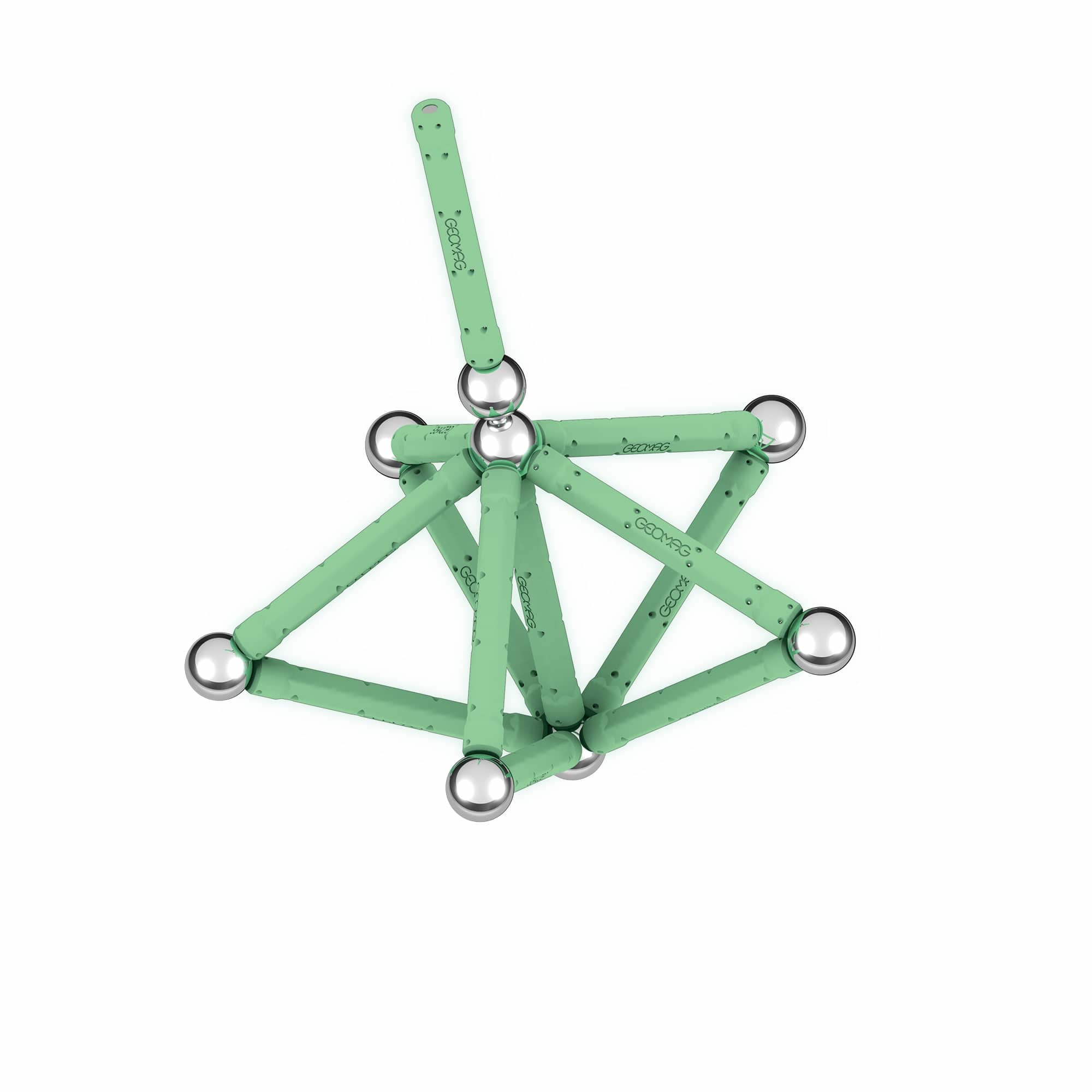 Eine grüne geometrische Struktur aus verbundenen Stäben und Kugeln.
