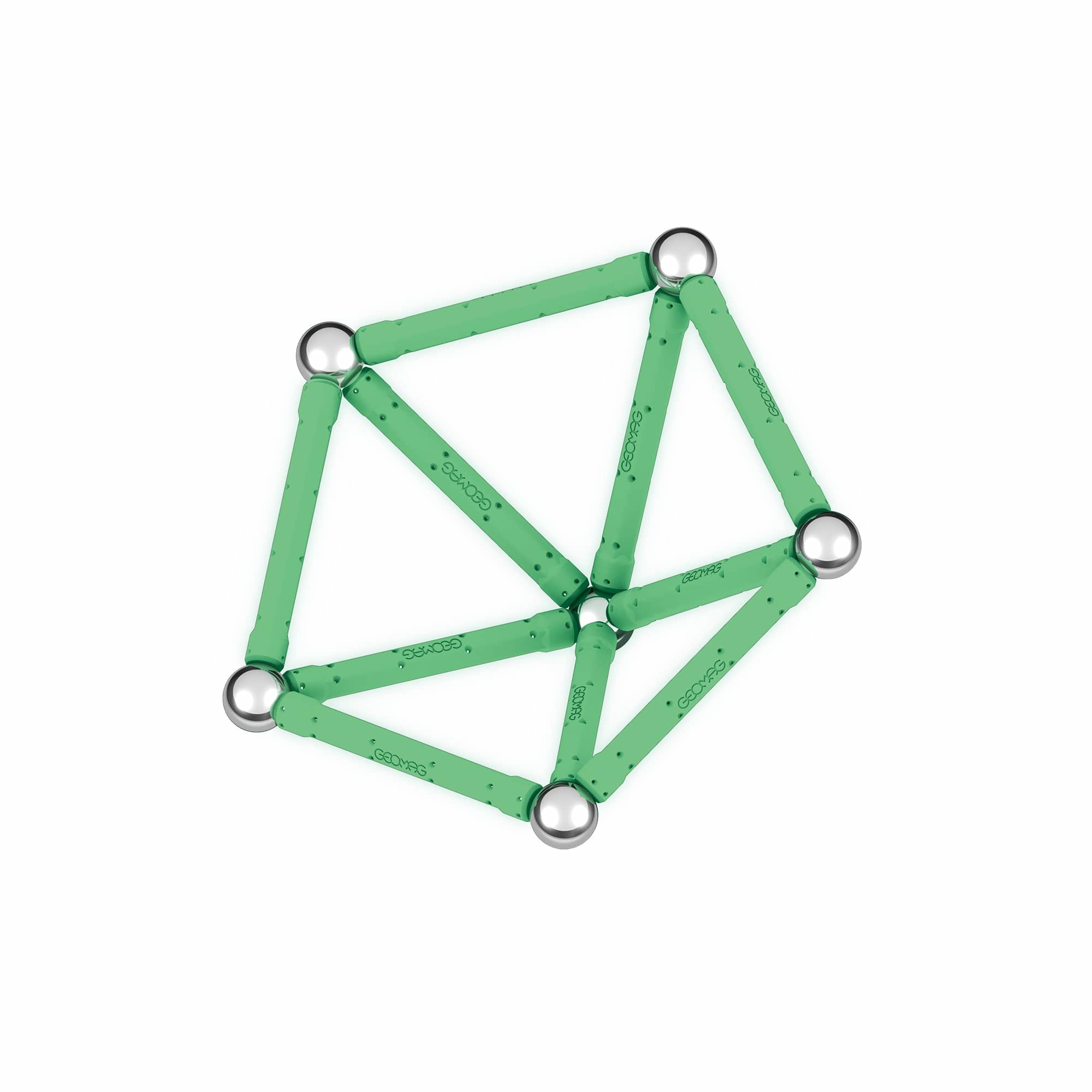 Grüne, verbundene geometrische Formen aus Verbindungsstangen und silbernen Kugeln.