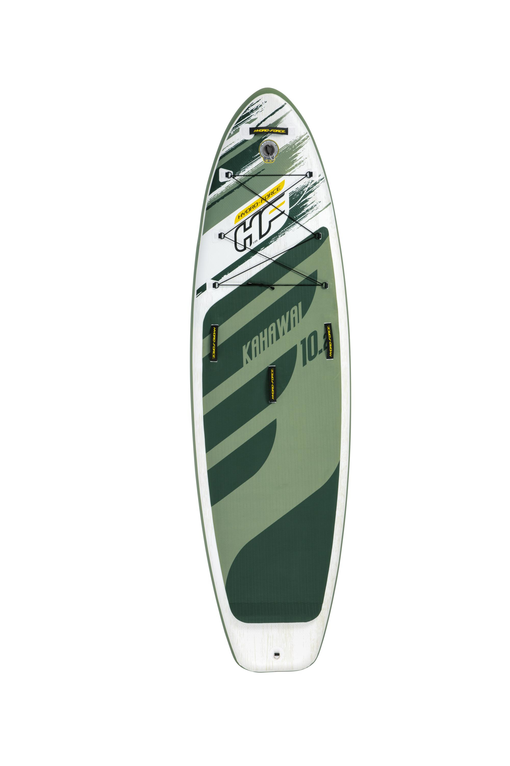 Tabla de paddle surf verde y blanca con logotipo. Tiene un cordón negro y está sobre un fondo blanco.