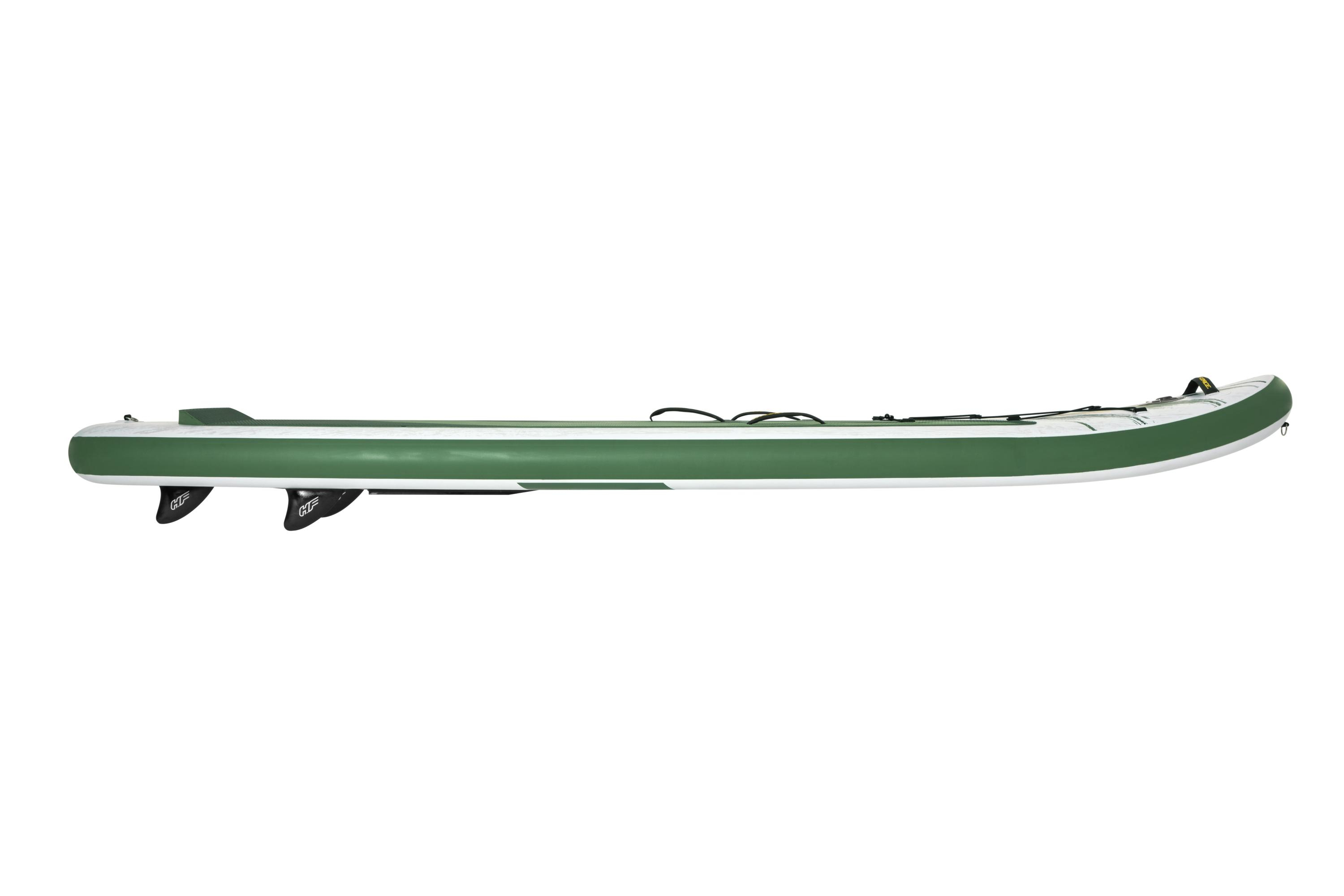 Tabla de paddle surf hinchable verde y blanca. Dos aletas en la parte inferior.