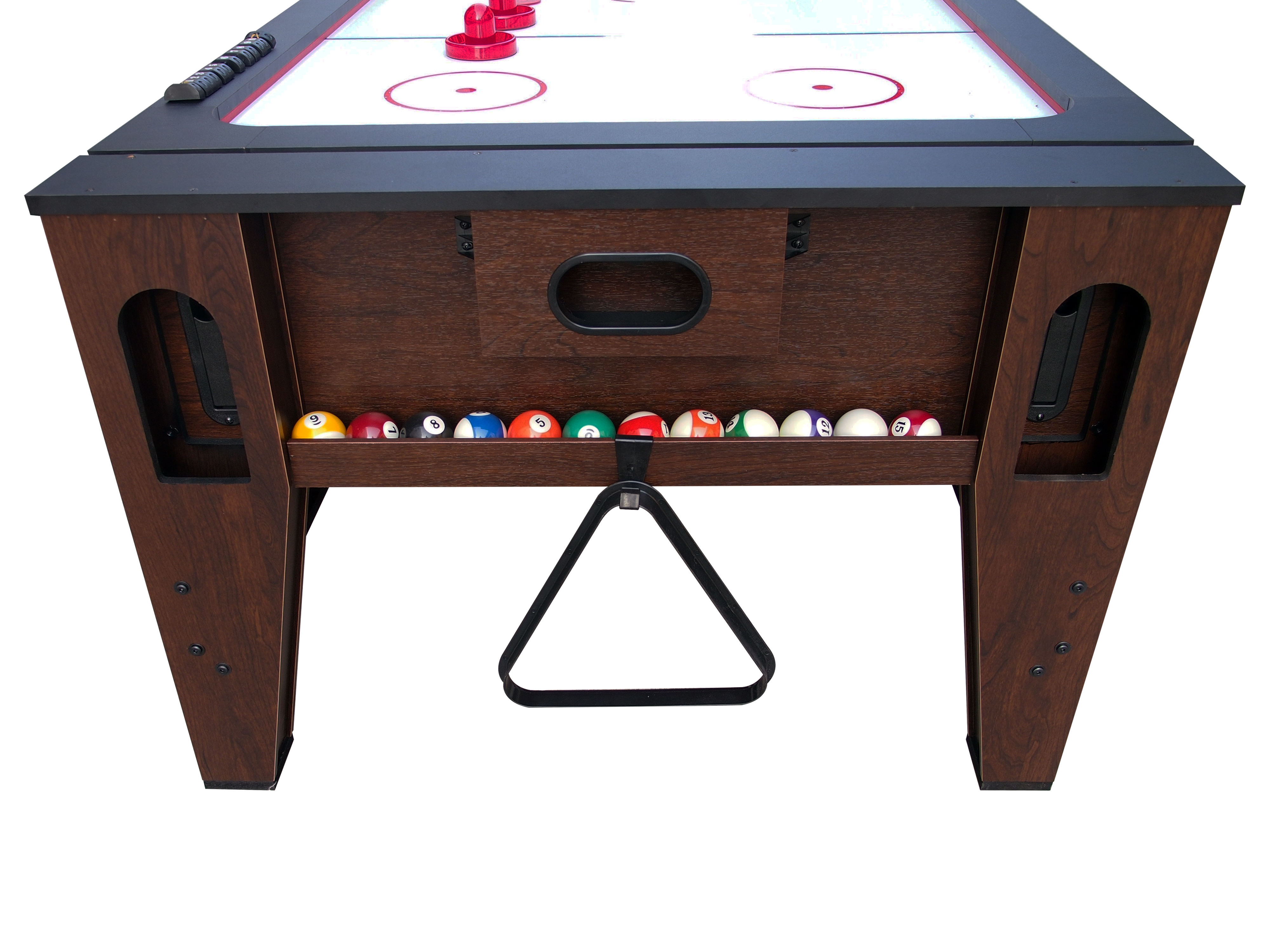 Airhockey-Tisch mit Pucks und Billardkugeln in einem Fach. Der Tisch ist braun mit schwarzen Akzenten.