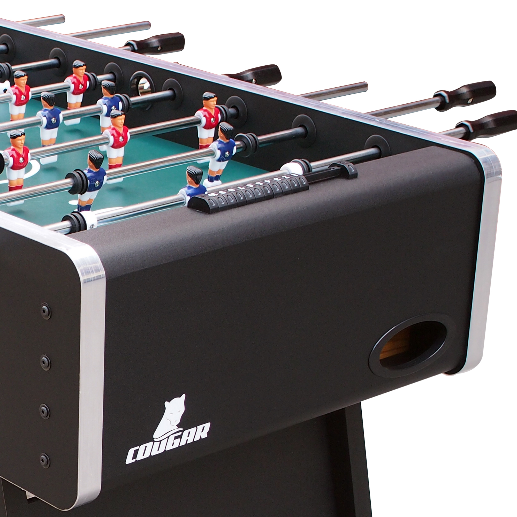 Ein Tischfußballtisch mit Spielern in Rot und Blau. Schwarzer Tisch mit weißem Cougar-Logo.