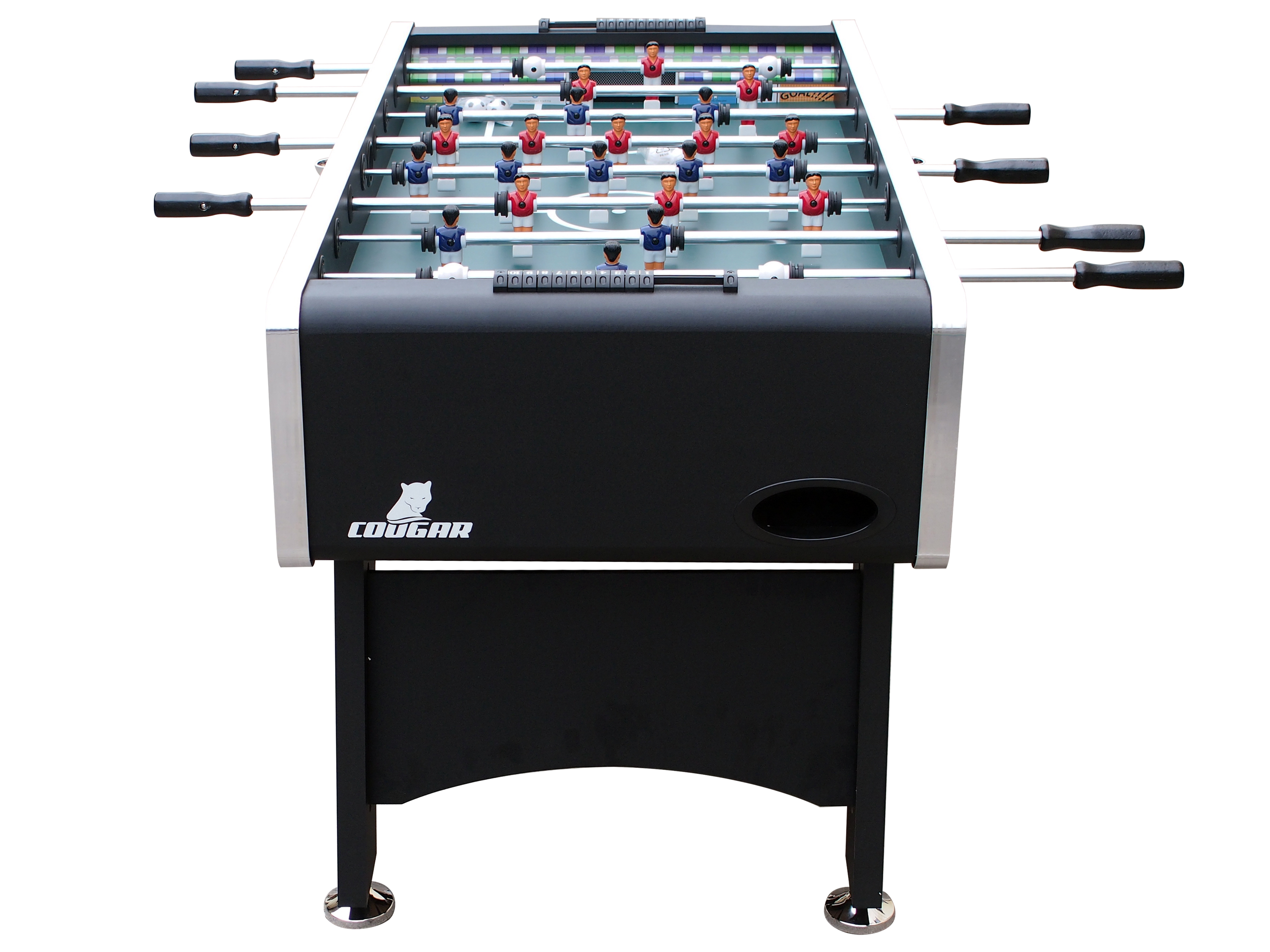 Tischfußballtisch, schwarz und weiß mit Spielern. Cougar-Logo an der Seite. Der Tisch steht auf weißem Hintergrund.