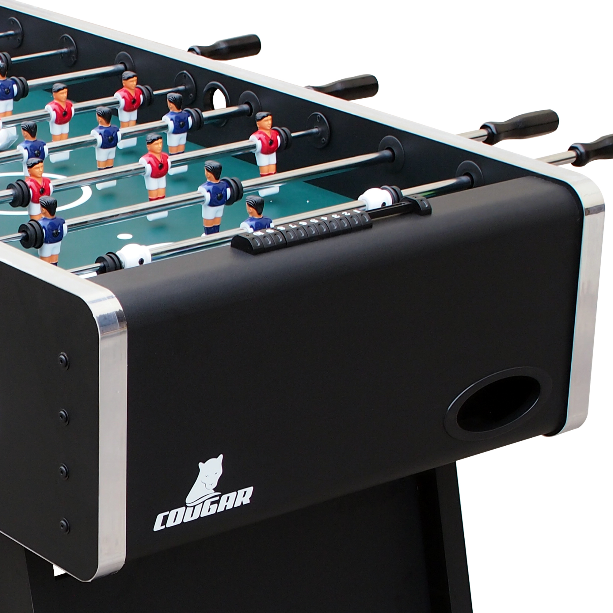 Ein Tischfußballtisch mit Spielern in Rot und Blau. Der Tisch ist schwarz mit einem Cougar-Logo.