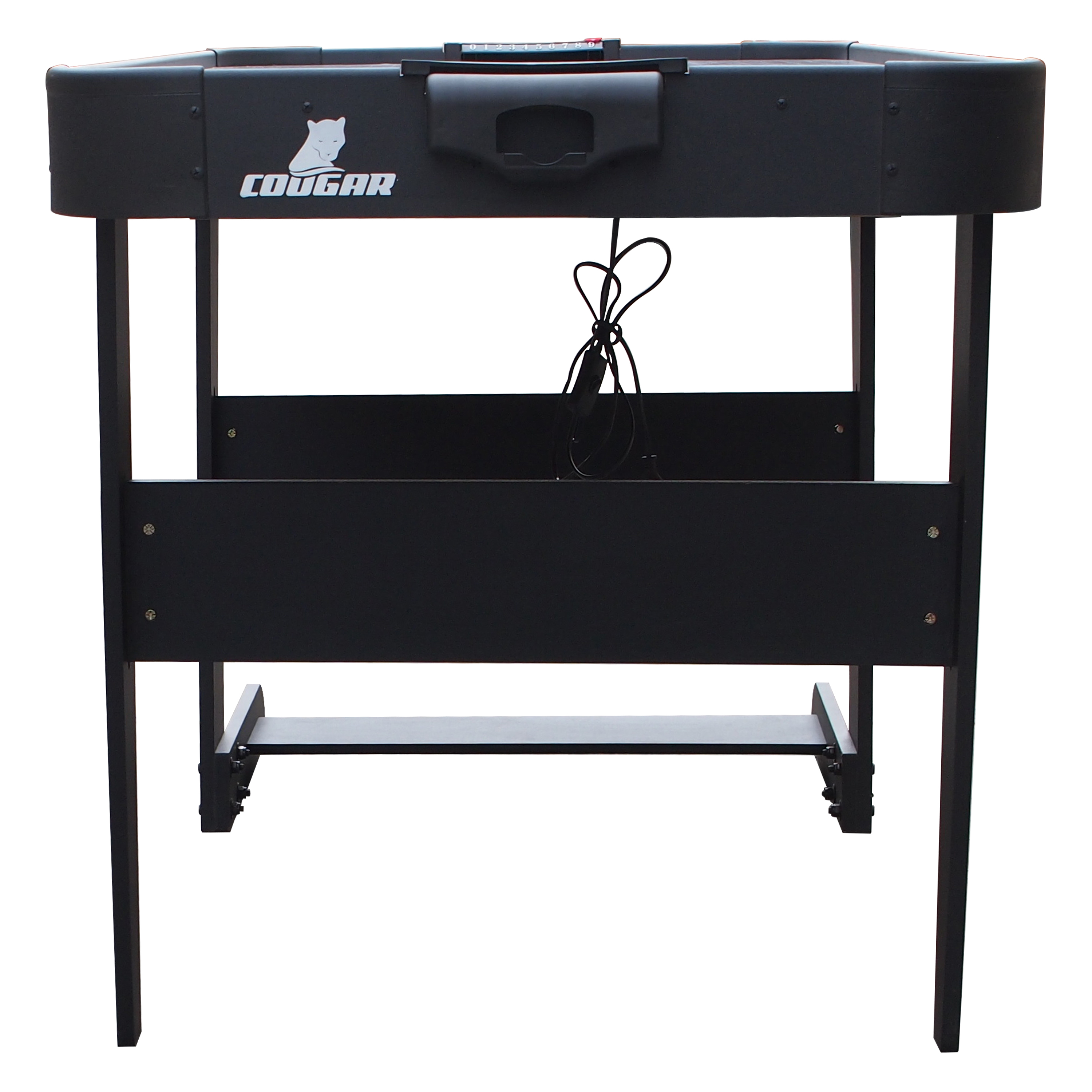 Schwarzer Airhockey-Tisch mit Beinen, Cougar-Logo und Netzkabel. Vorderansicht, auf weißem Hintergrund.