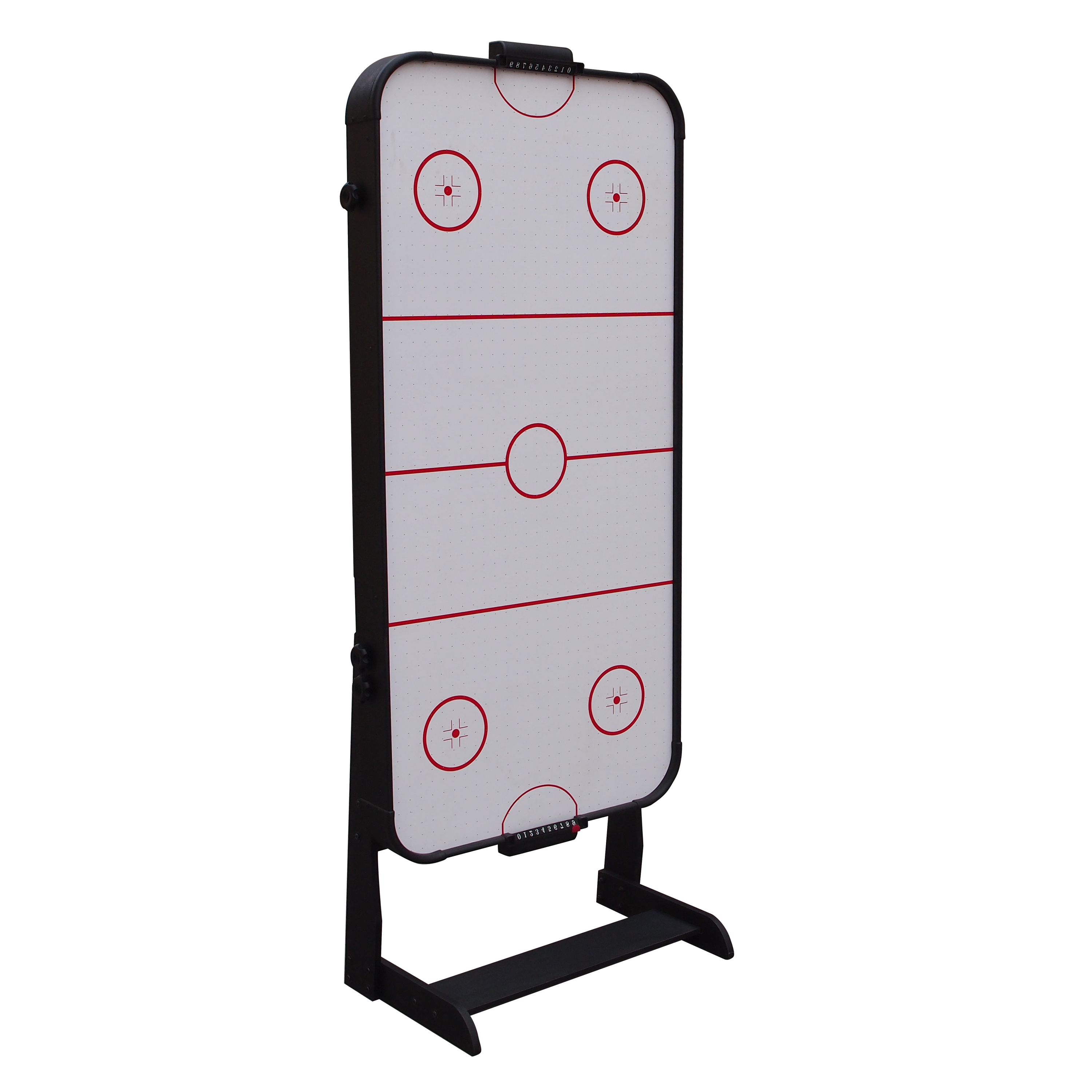 Eine stehende Air-Hockey-Tisch mit roten Kreisen und Linien, mit schwarzem Sockel und Rahmen.