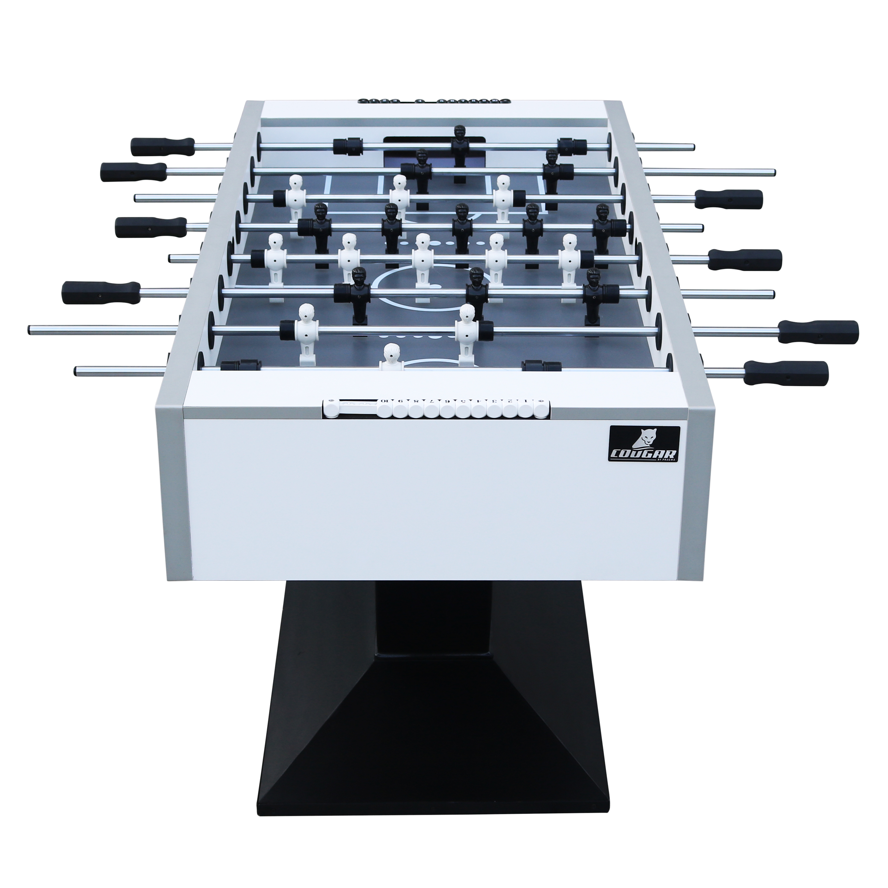 Tischfußball. Weiß und Silber mit schwarzen Spielern und Griffen auf schwarzem Sockel.