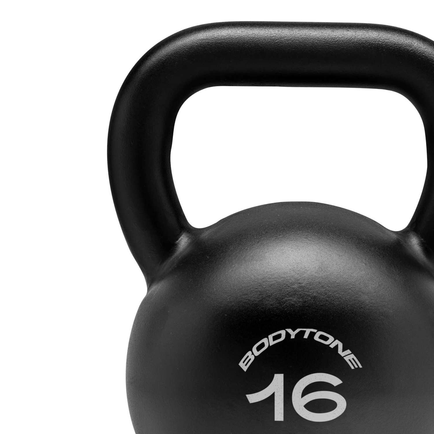 Kettlebell nero con base rotonda e maniglia. Il numero '16' è stampato sopra.