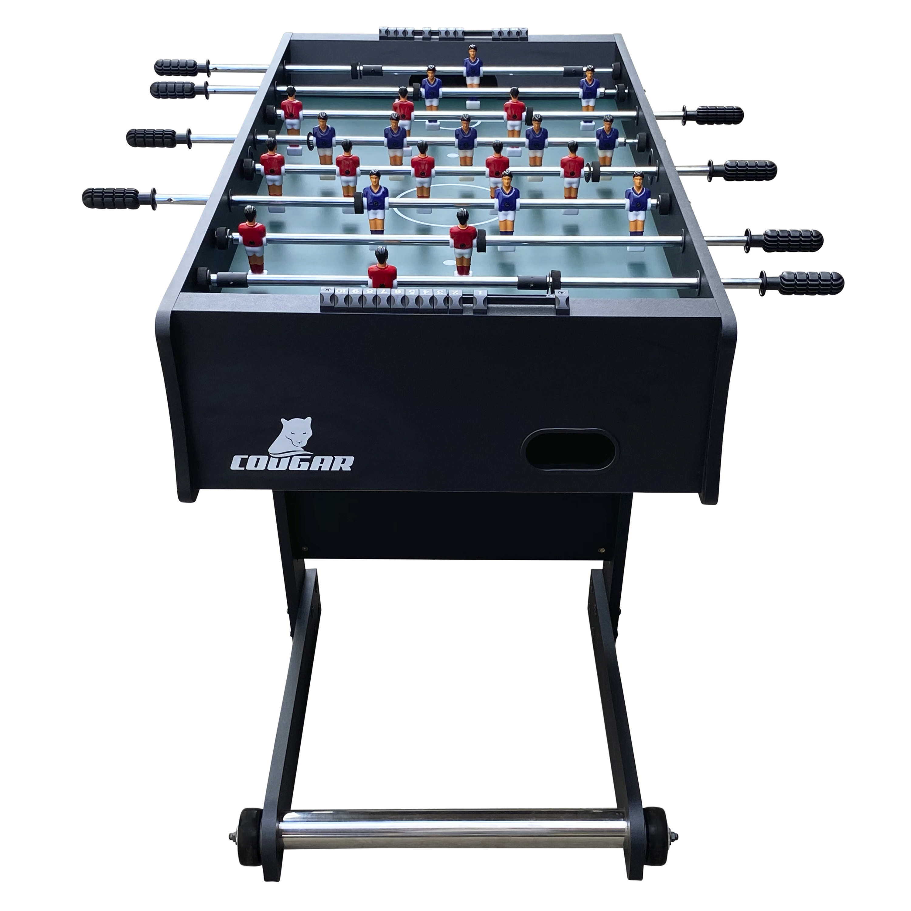 Tischfußball. Schwarz mit weißem Logo. Rote und blaue Spieler. Grüne Spielfläche. Weißer Hintergrund.