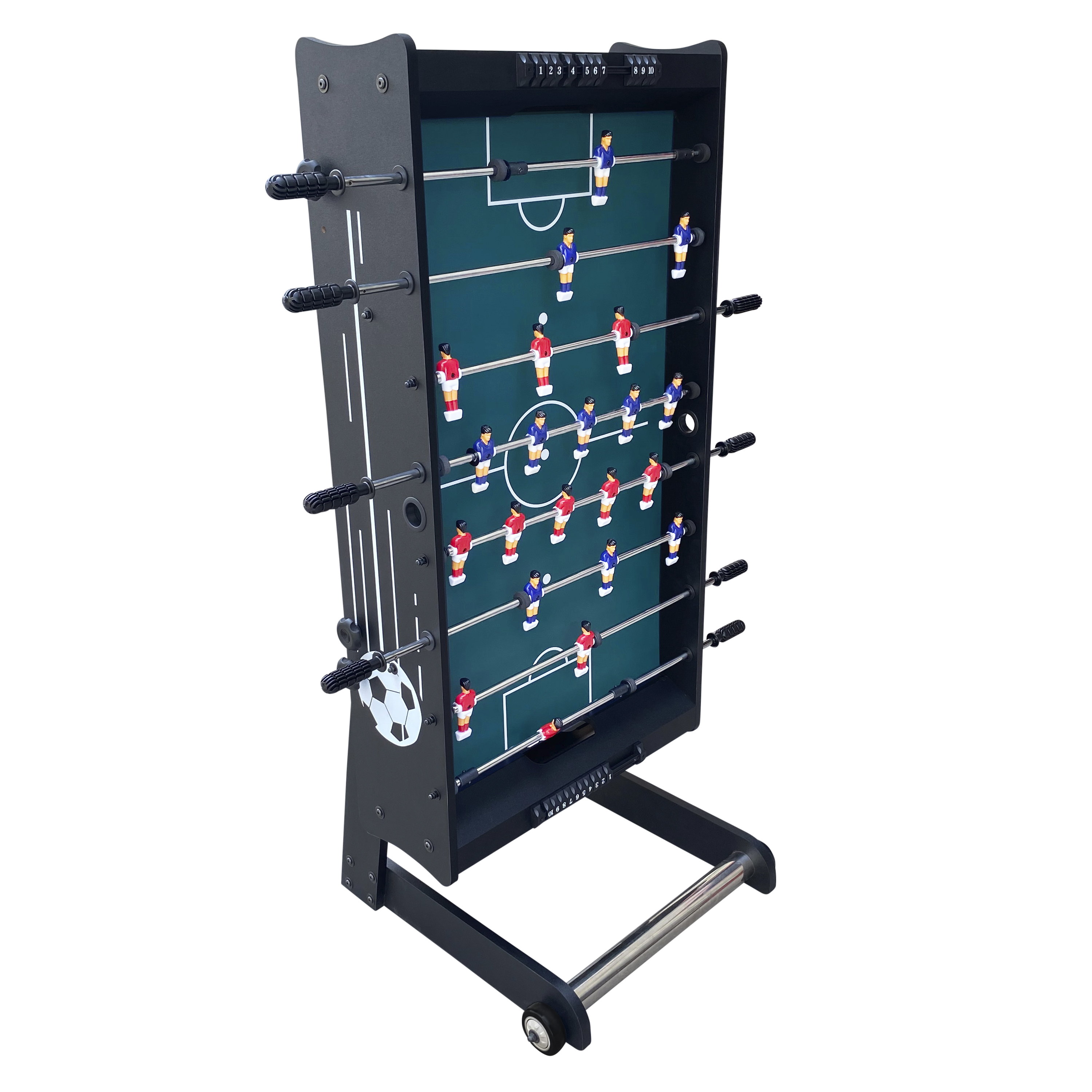 Ein Tischfußballtisch, schwarz mit grünem Spielfeld und Spielern. Das Spiel ist spielbereit.
