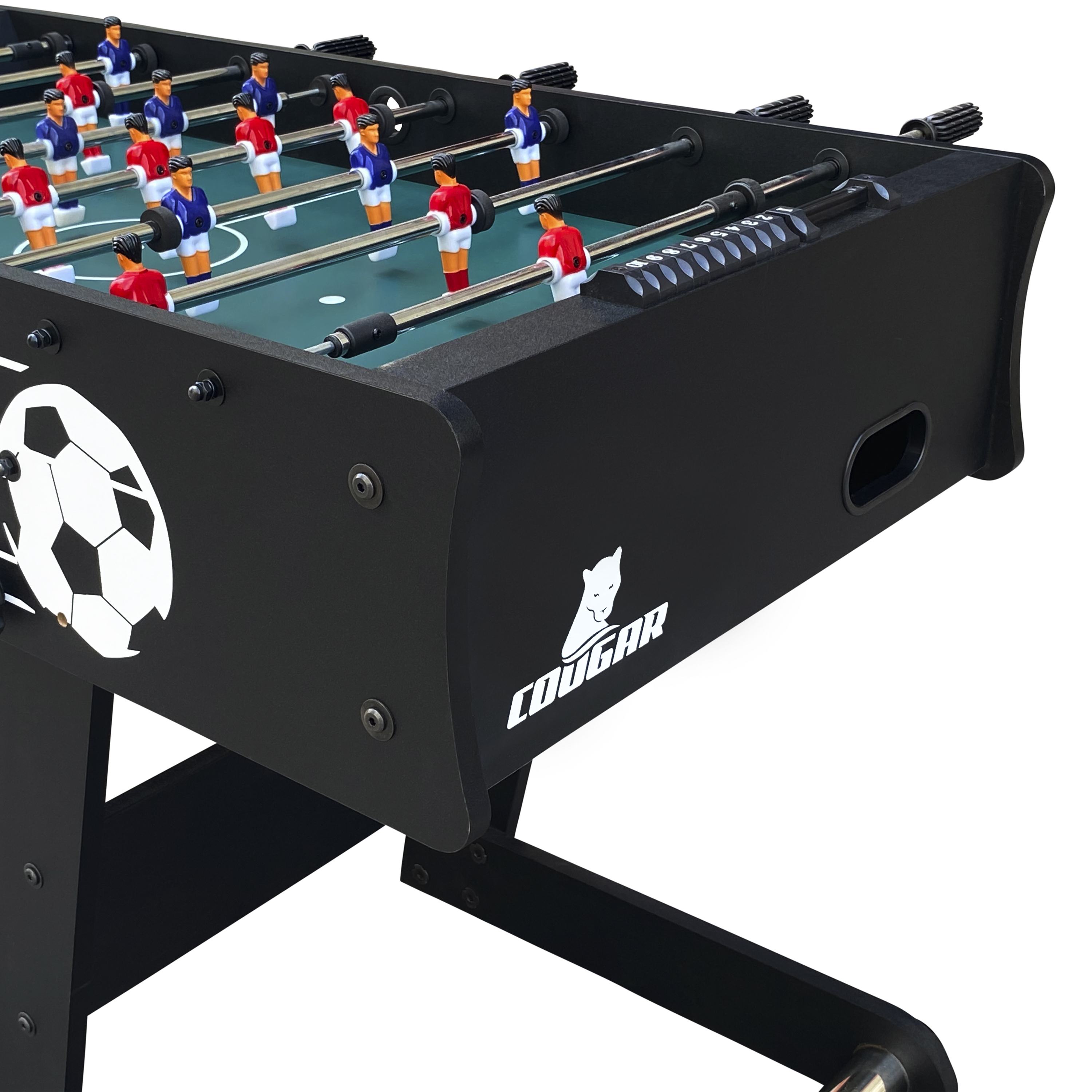 Ein schwarzer Tischfußballtisch. Die Figuren sind rot und blau, mit einer Fußballgrafik.