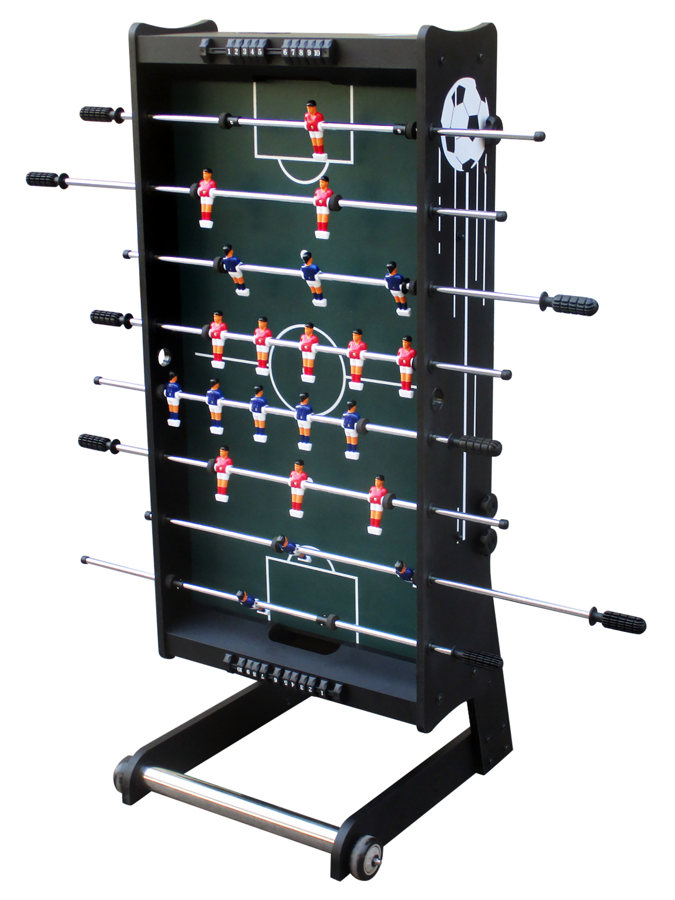 Schwarzer Tischfußballtisch mit roten und blauen Spielern und einem Fußballlogo.
