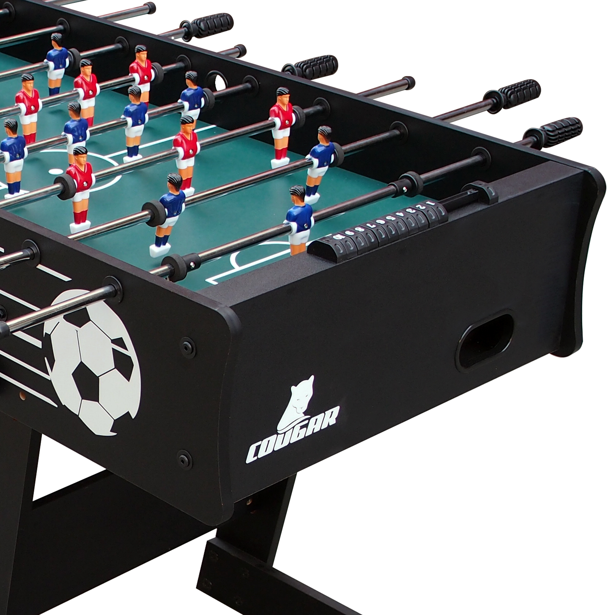 Tischfußballtisch mit blauen und roten Spielern, schwarzem Rahmen und einem Fußball-Design.
