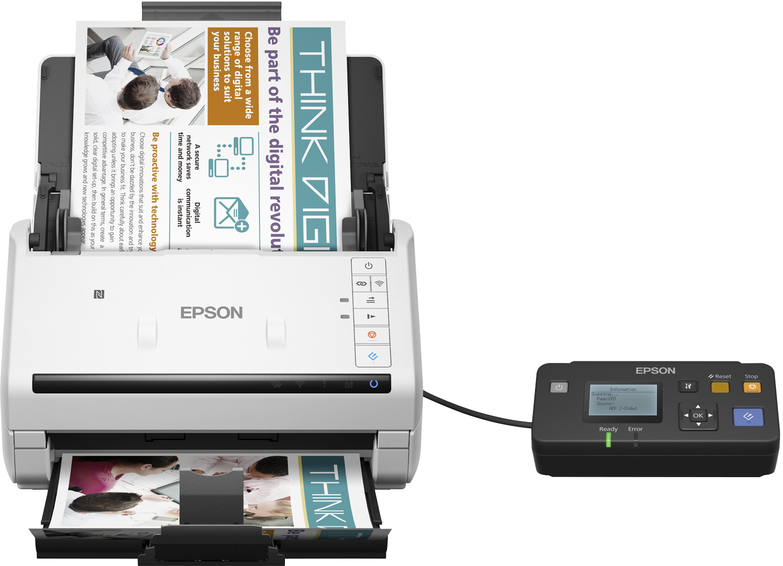 Scanner Epson con documenti all'interno. Un pannello di controllo separato è sul lato destro.