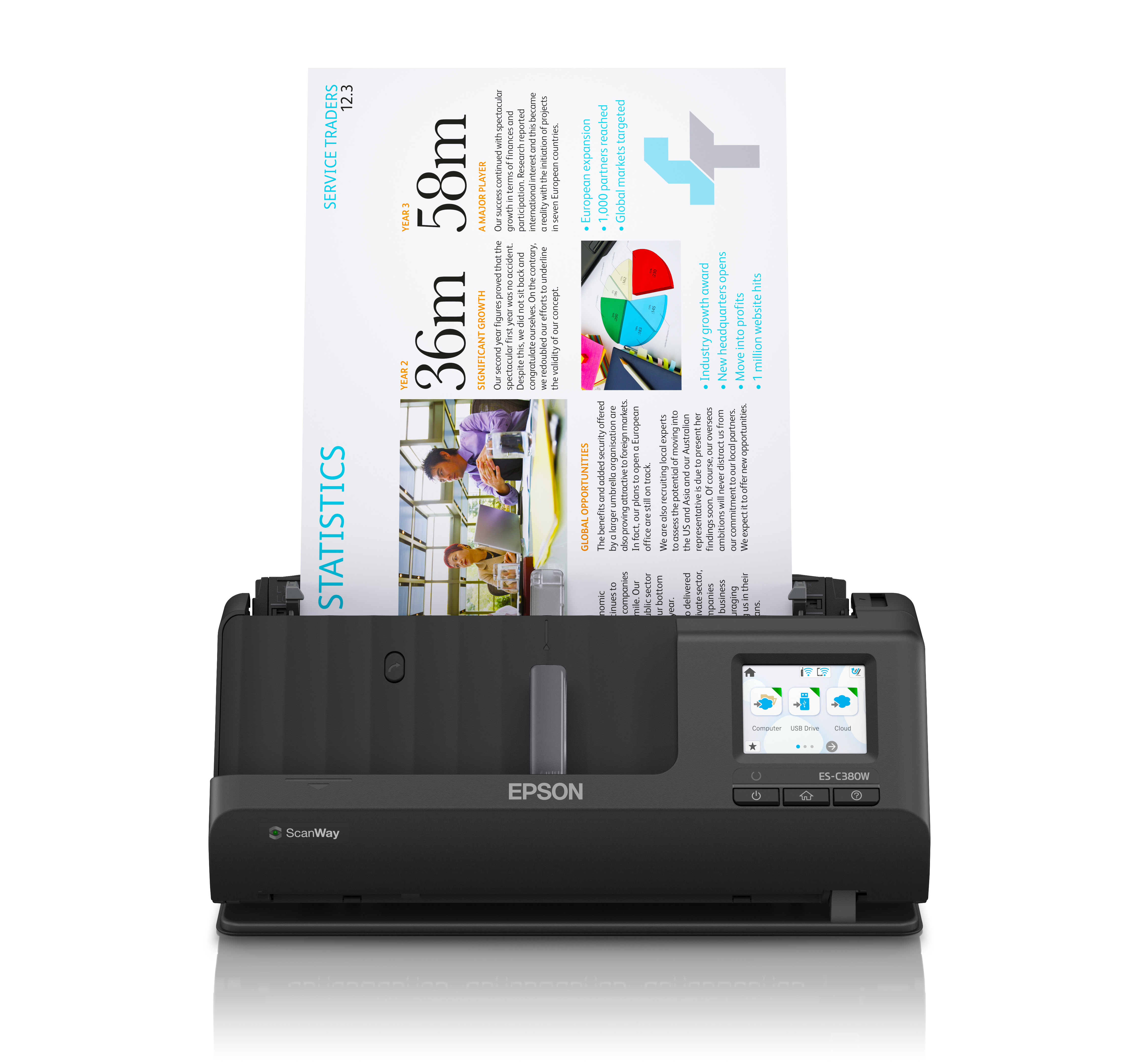 Scanner Epson con un foglio di carta che esce. Grafica colorata stampata sulla carta.