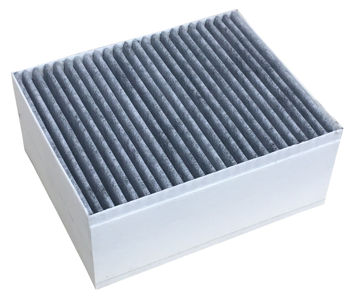 Luftfilter, rechteckige Form. Aus grauem Wellmaterial, in einem weißen Rahmen.