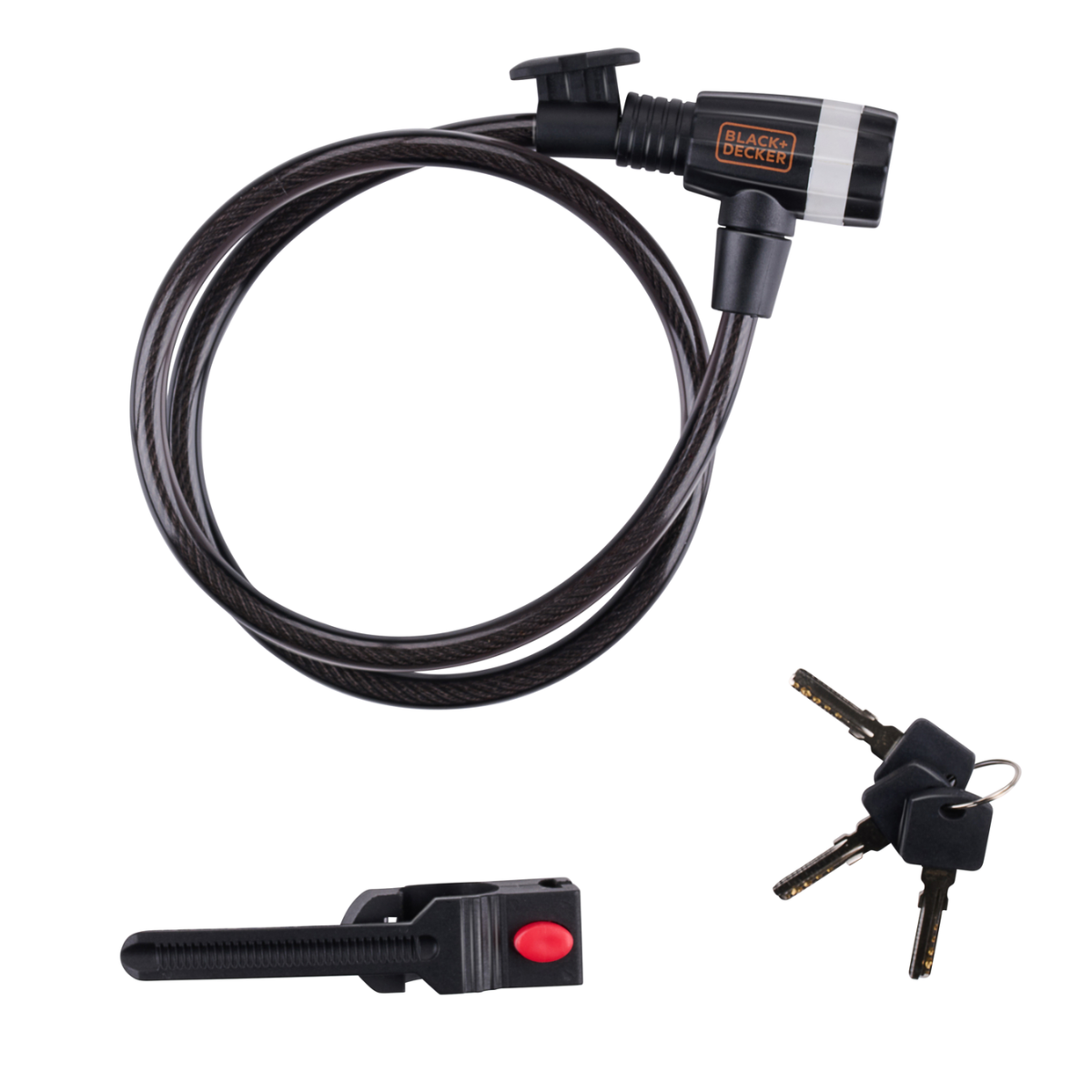 Zwart kabelslot met een oranje en zwart slot. De set bevat drie sleutels en een rode knop.