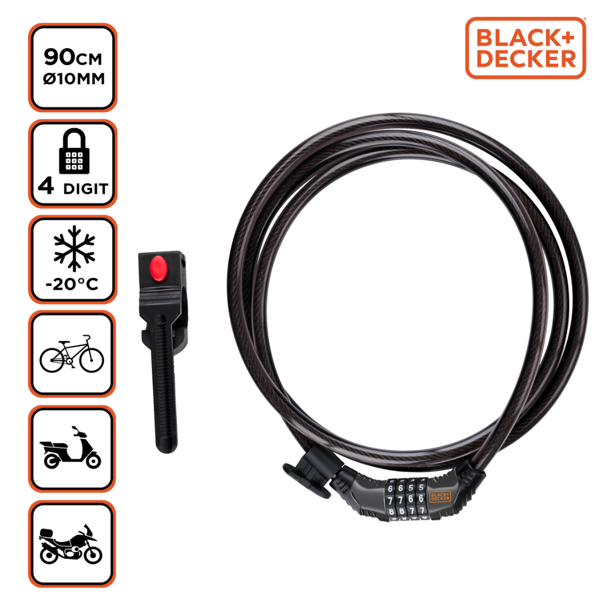 Zwart kabelslot met nummerdial, fiets-, scooter- en motorfiets-icoon.