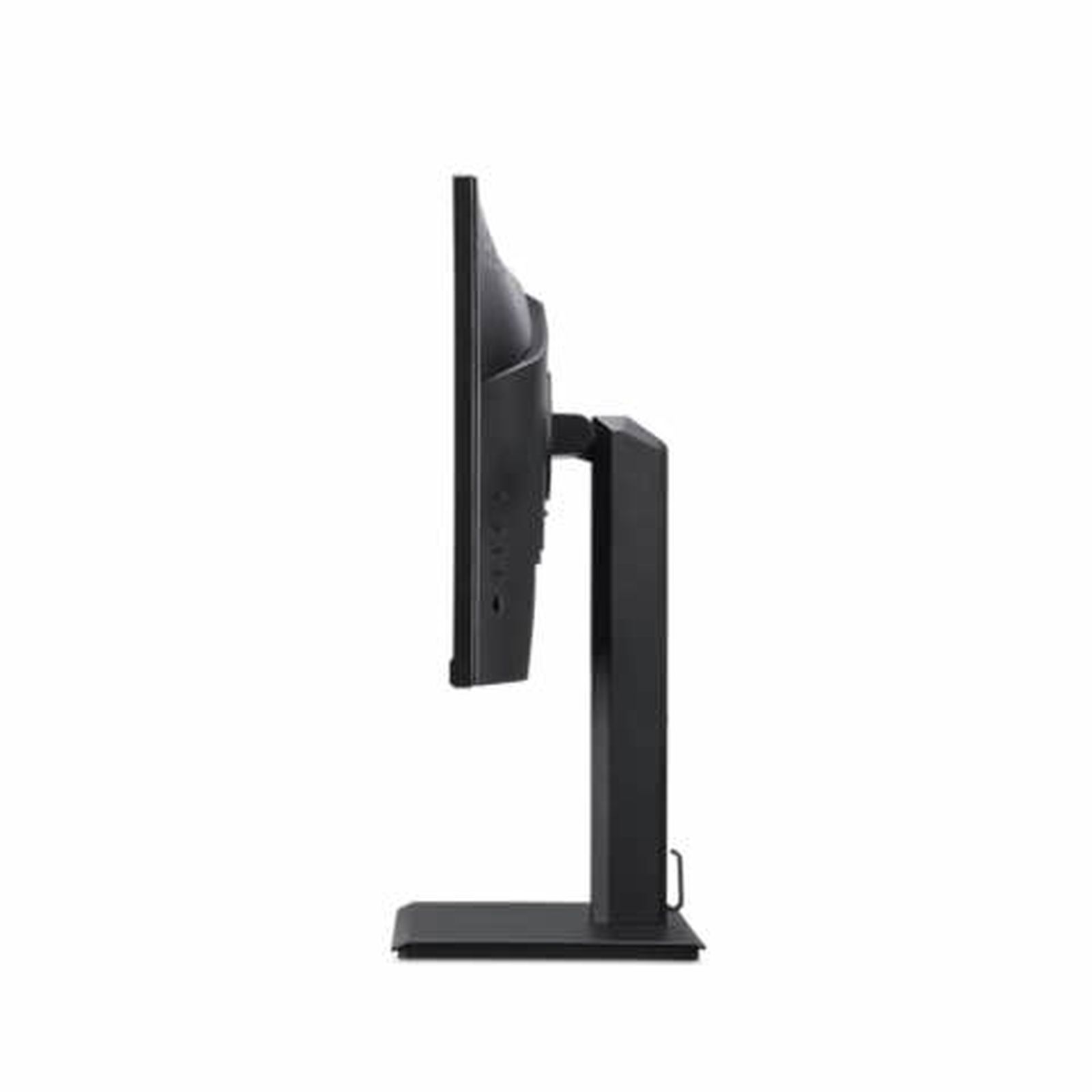 A black computer monitor on a stand. The monitor is viewed from the side.