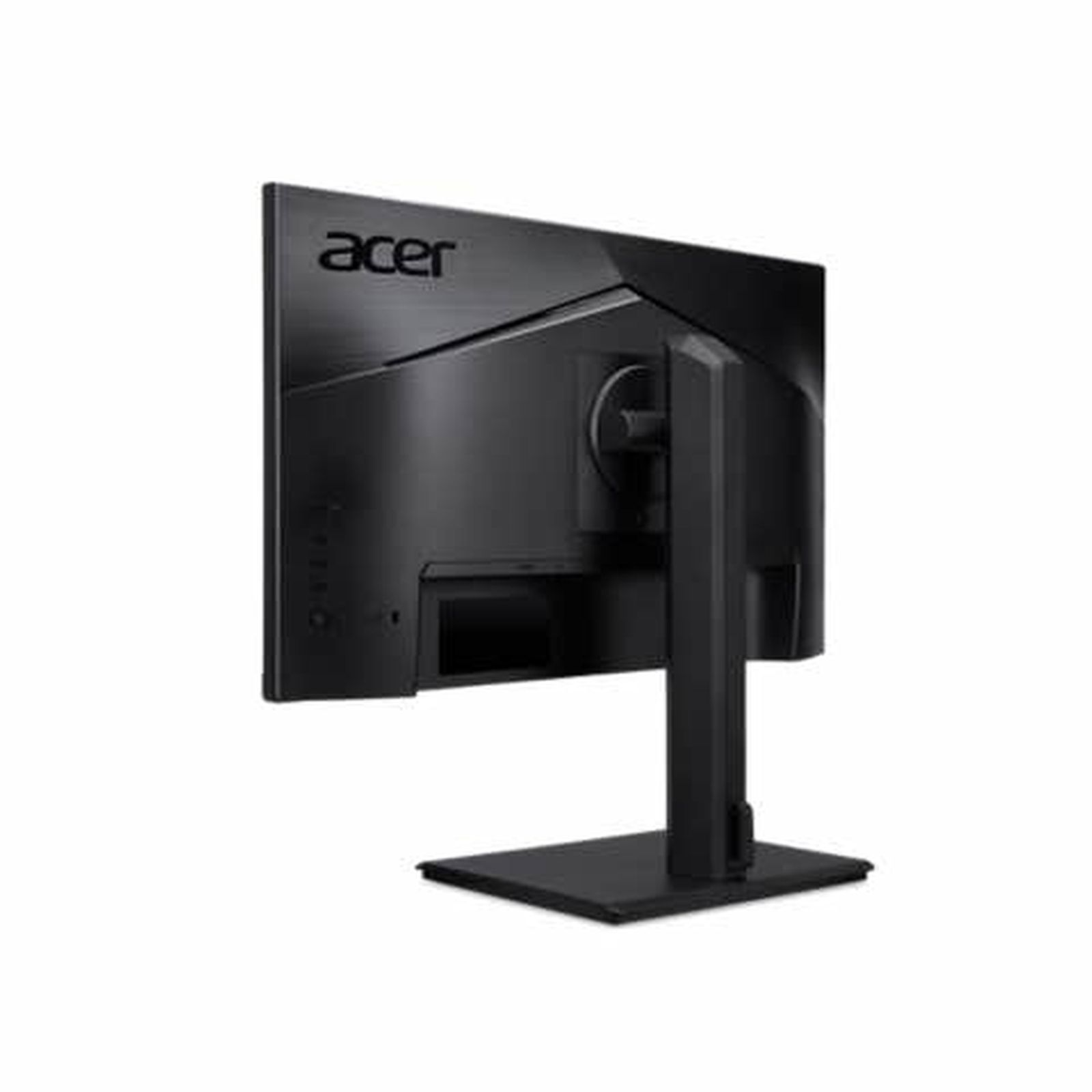 Black computer monitor, angled, showing the back and stand.