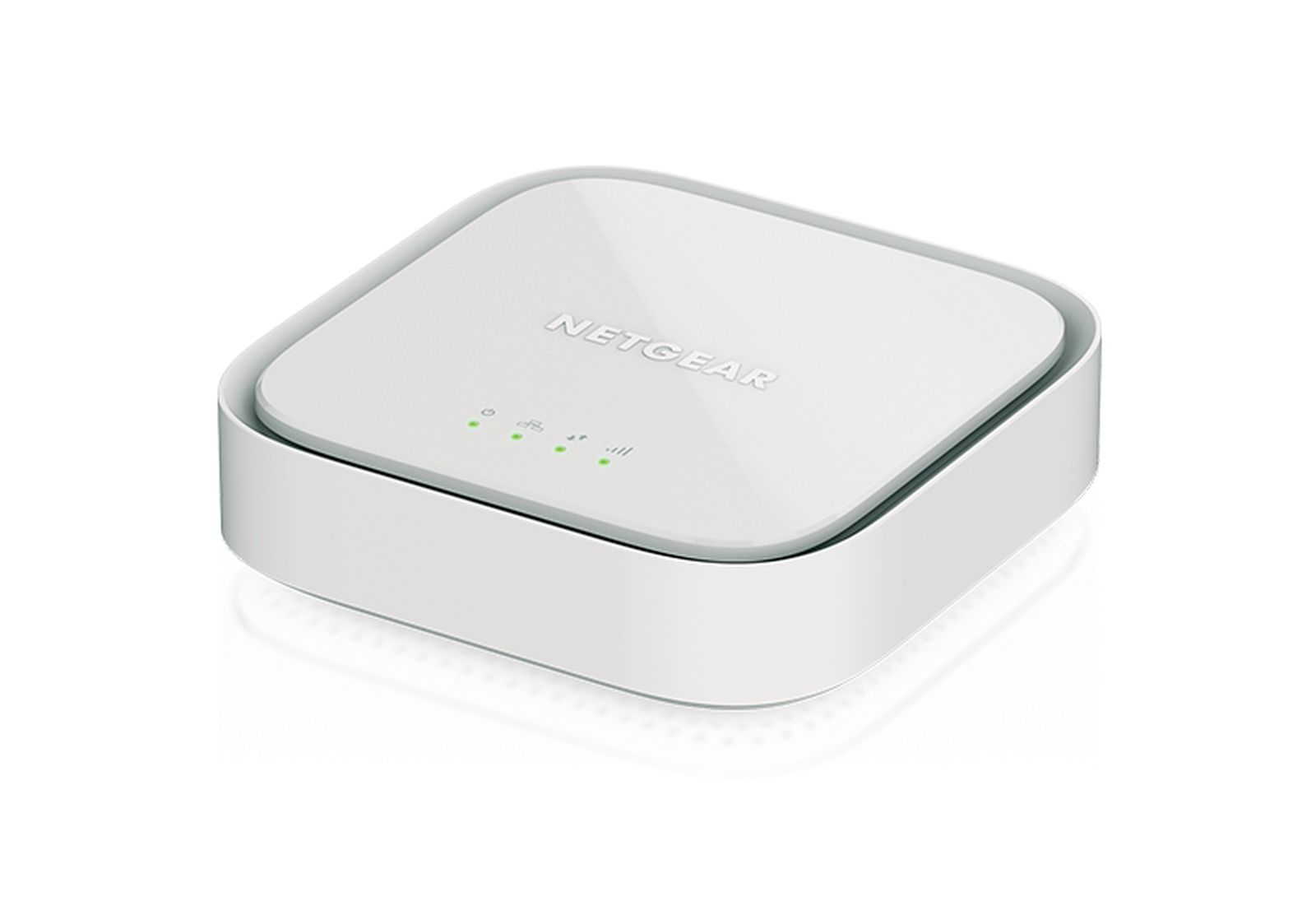Dispositivo Netgear blanco con tres luces arriba, fondo blanco.