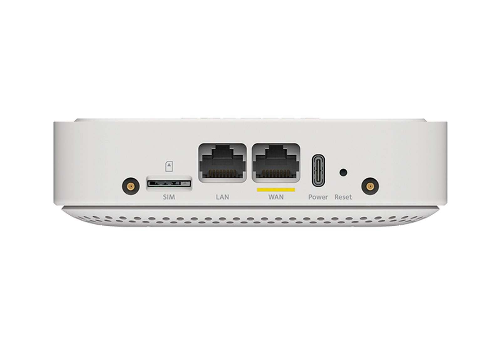 Dispositivo blanco con puertos LAN, WAN, SIM, encendido y reinicio.