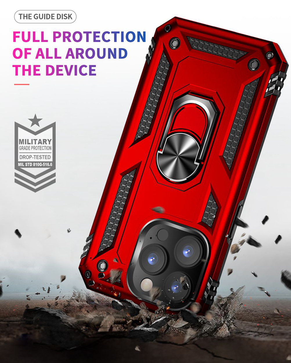 Rode telefoonhoes met een ringhouder. De hoes ligt op een oppervlak met puin eromheen.