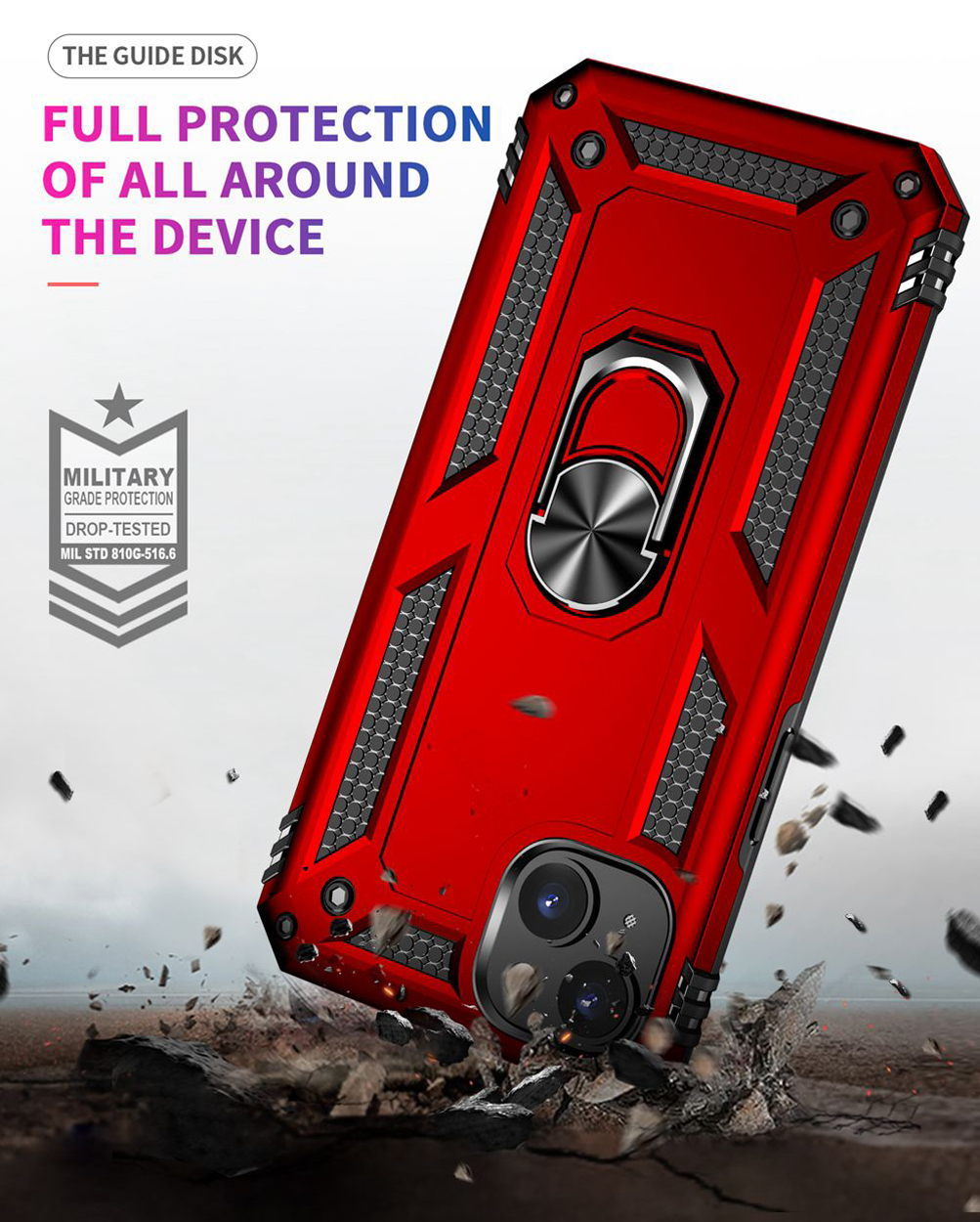 Een rode telefoonhoes met een ringhouder, schuin met puin eromheen. Tekst luidt 'FULL PROTECTION'.
