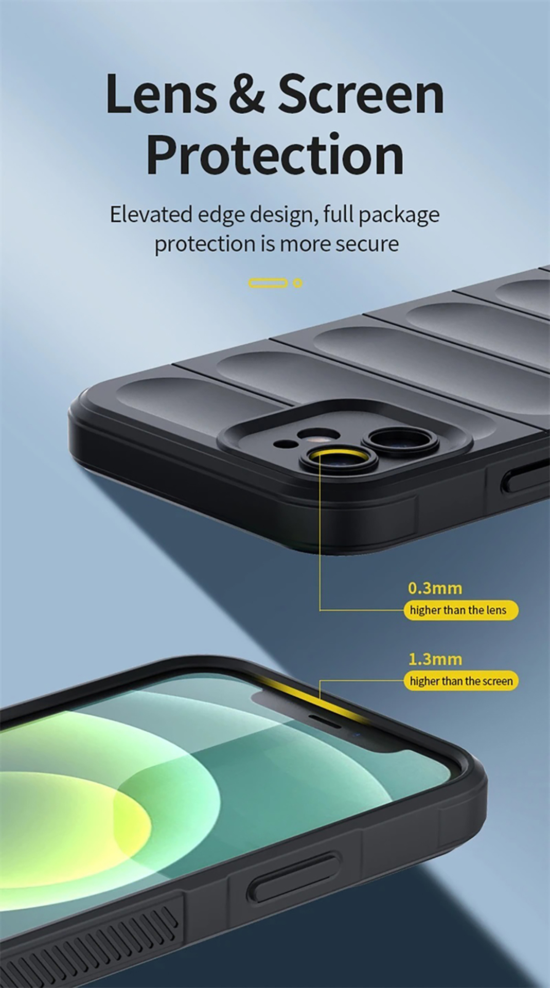 Zwarte telefoonhoes beschermt scherm en lens met een verhoogde rand.