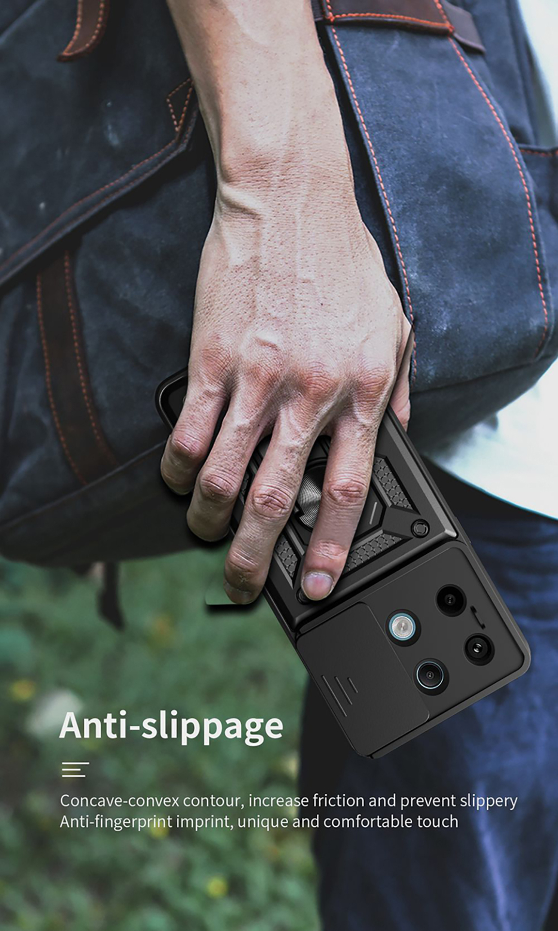 Een hand die een zwarte telefoonhoes vasthoudt met een camera-uitsparing. De hoes is zwart.