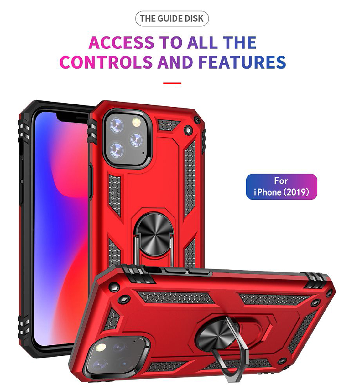 Rode telefoonhoes met een ringhouder, met ontwerp- en beschermingsfuncties.