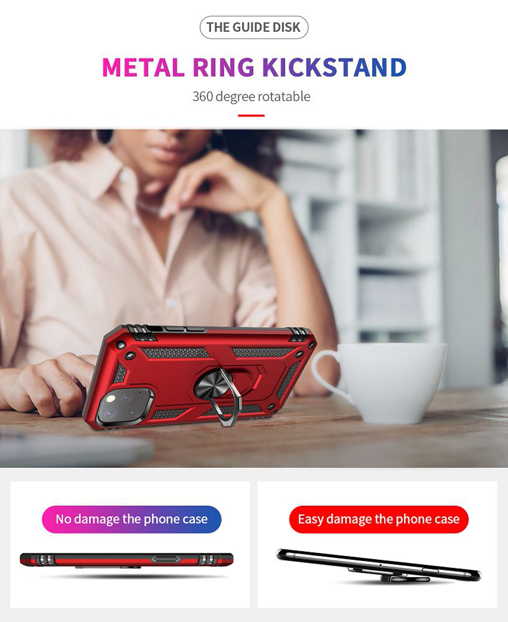 Een telefoonhoesje met rood en zwart design op een tafel. Een vrouw op de achtergrond.