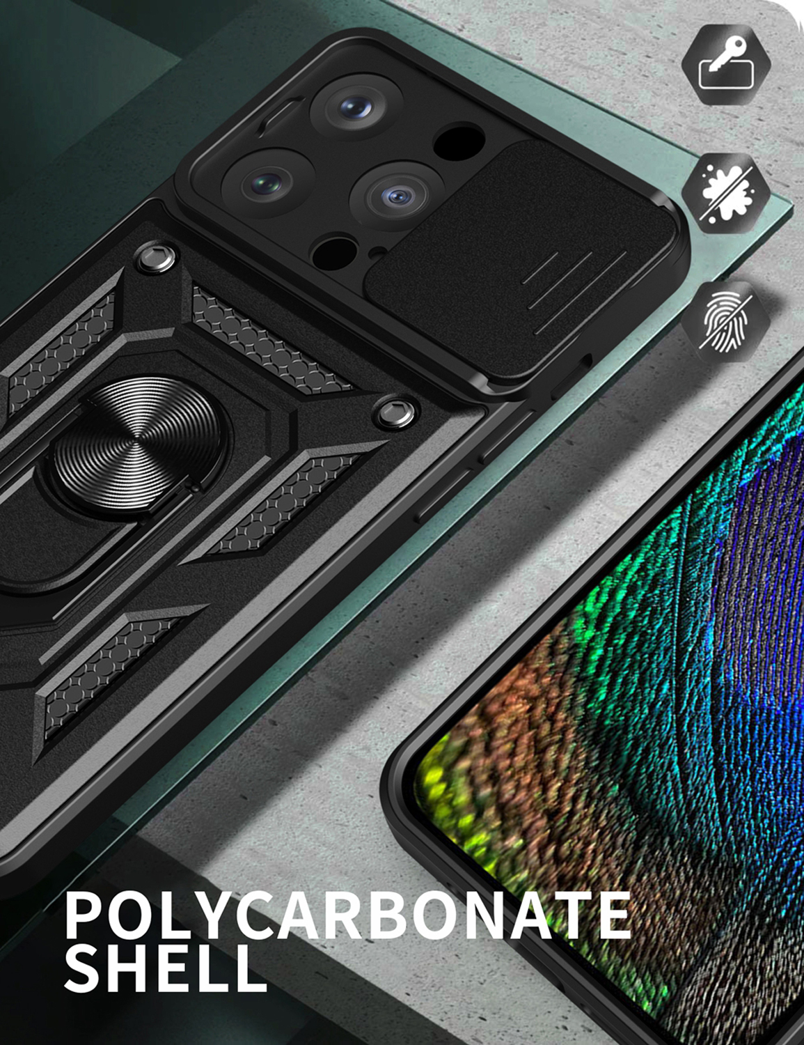 Close-up van een zwarte telefoonhoes met cameracover en metalen ringhouder op een patroon.