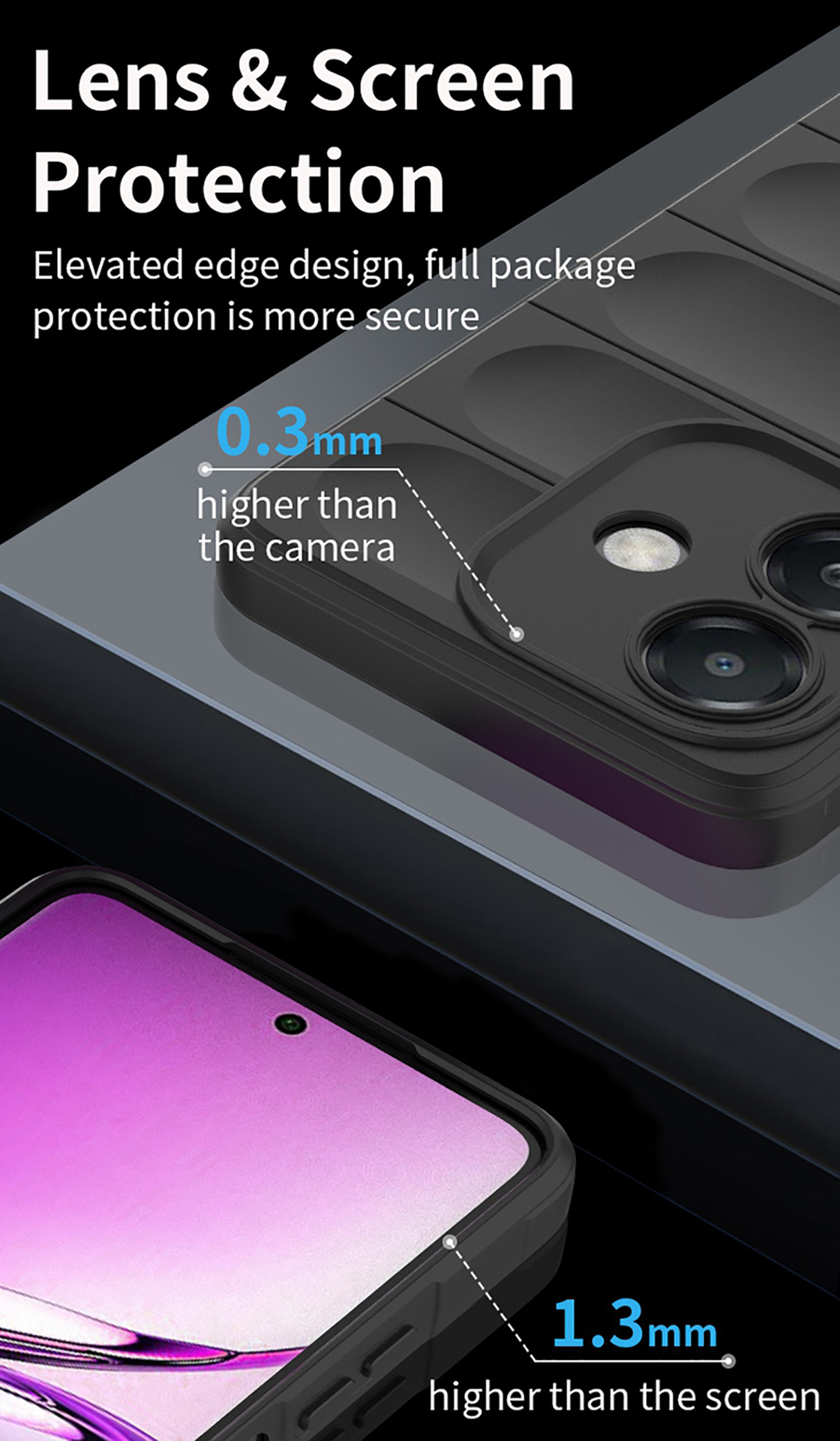 Gros plan sur l'étui du téléphone. Détails de protection de l'appareil photo. Texte : Protection de l'objectif et de l'écran.